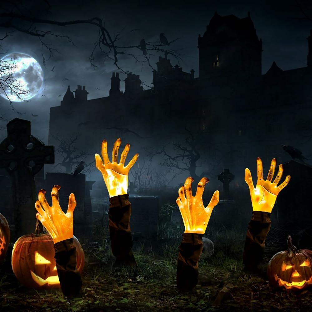 JOLCEEY 4pcs Halloween Zombie Arm Stakes, Halloween Zombie Hands Lights Yard Ground-Breaker Stakes for Halloween Outdoor Yard Garden Decorations