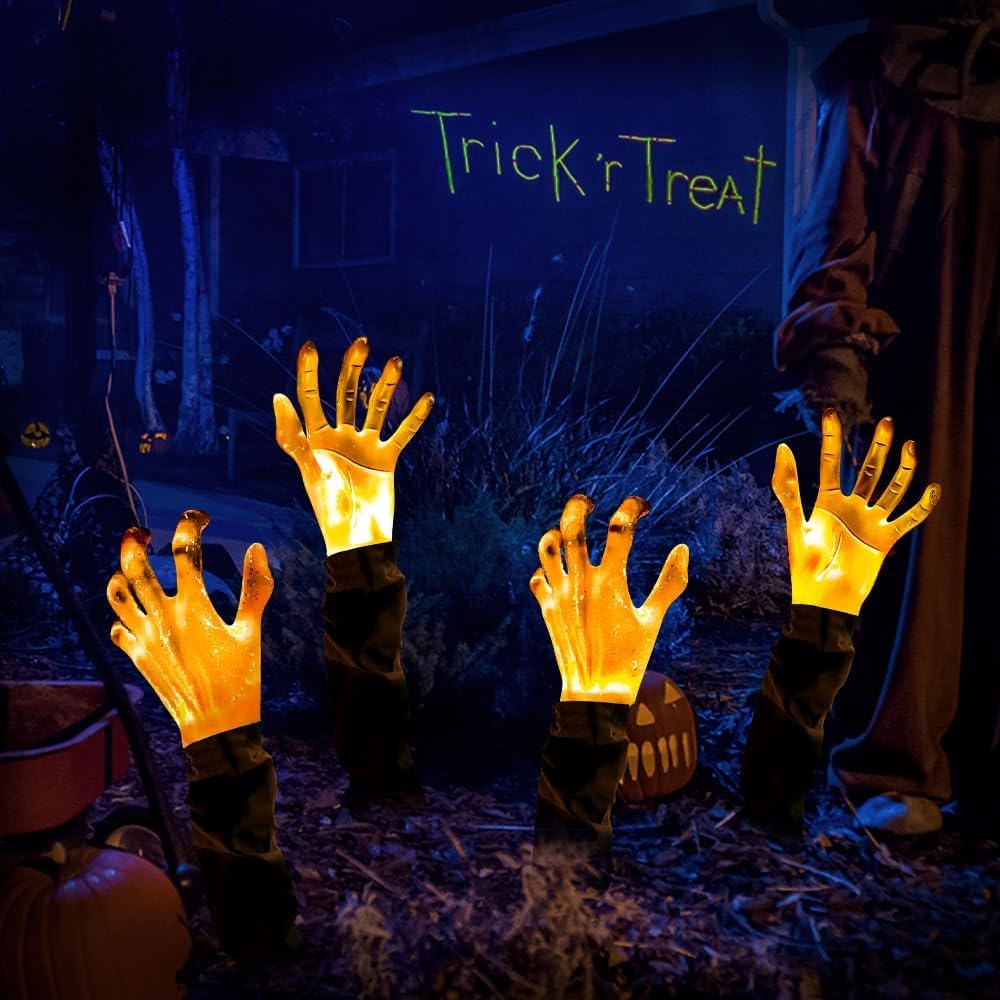 JOLCEEY 4pcs Halloween Zombie Arm Stakes, Halloween Zombie Hands Lights Yard Ground-Breaker Stakes for Halloween Outdoor Yard Garden Decorations