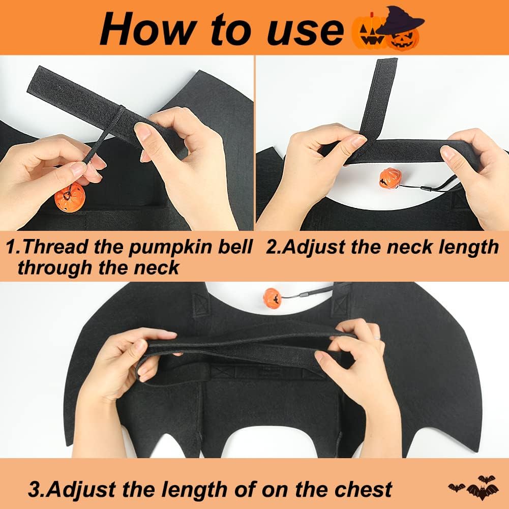 Vivifying Cat Bat Wings, Cat Halloween Costume with Pumpkin Bell, Adjustable Pet Cosplay Costumes for Pet(Neck: 9.4-12.6 in/Chest: 12.9-19.7 in