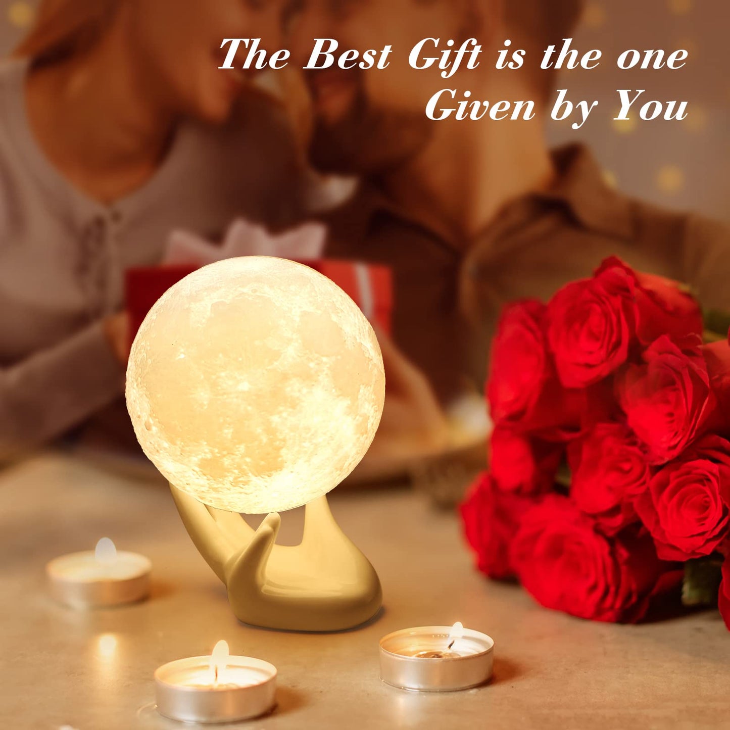 Methun 3D Moon Lamp 9 cm (3.5 inch) — Two-Colour Touch-Dim Bedside & Table Lamp, Overnight Cordless Glow, Ceramic Hand Base, Authentic Lunar Texture — Calming Night Light & Premium Gift