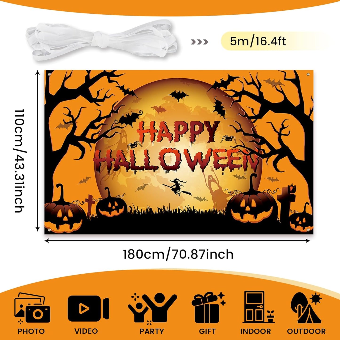 PartyYaa Halloween Banner Decorations, Long Halloween Banner Party Photo Booth, Pumpkin & Ghost Garden Fence Ornament for Indoor Outdoor