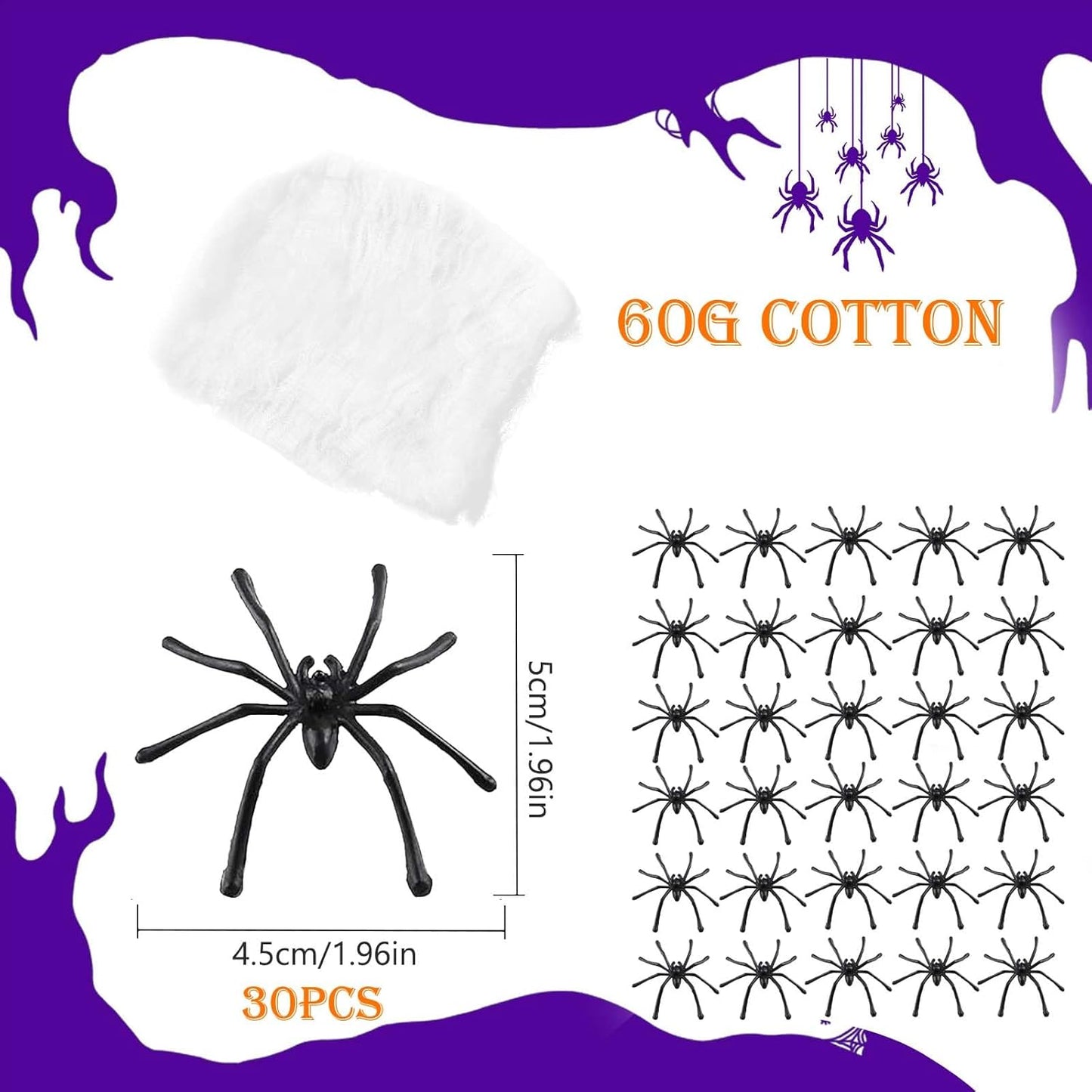 Halloween Spider Web Decoration - 60g Halloween Cobwebs with 30pcs Fake Spiders, Scary Spider Webs for Outdoor Haloween Party Decorations