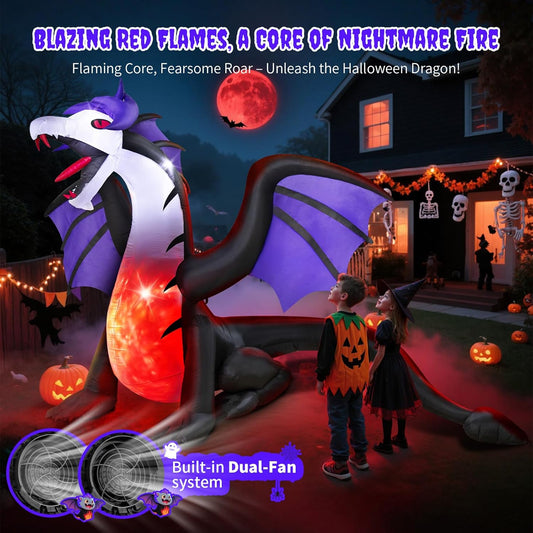 8.5FT Halloween Inflatables Giant Dragon with Wings Outdoor - Blow Up Yard Decor with Built-in LED Lights Stakes Tethers - Halloween Decor Indoor Outdoor for Lawn Garden Festival Party Decoration