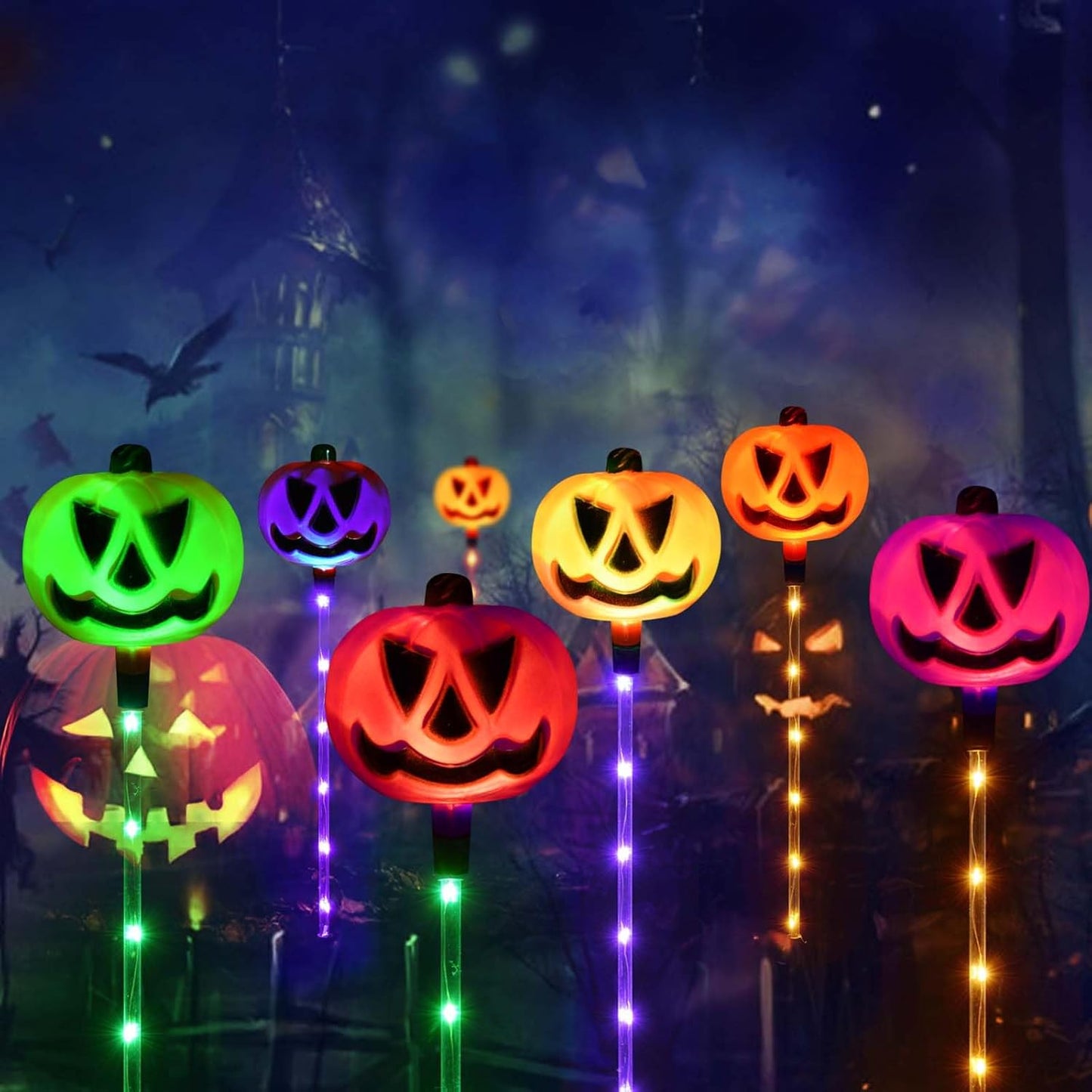 Homeleo Set of 6 Solar Pumpkin Stake Lights for Halloween Decorations Outdoor, Colour Changing Lights, Light up Decorations, Pathway Party Porch Yard Decor