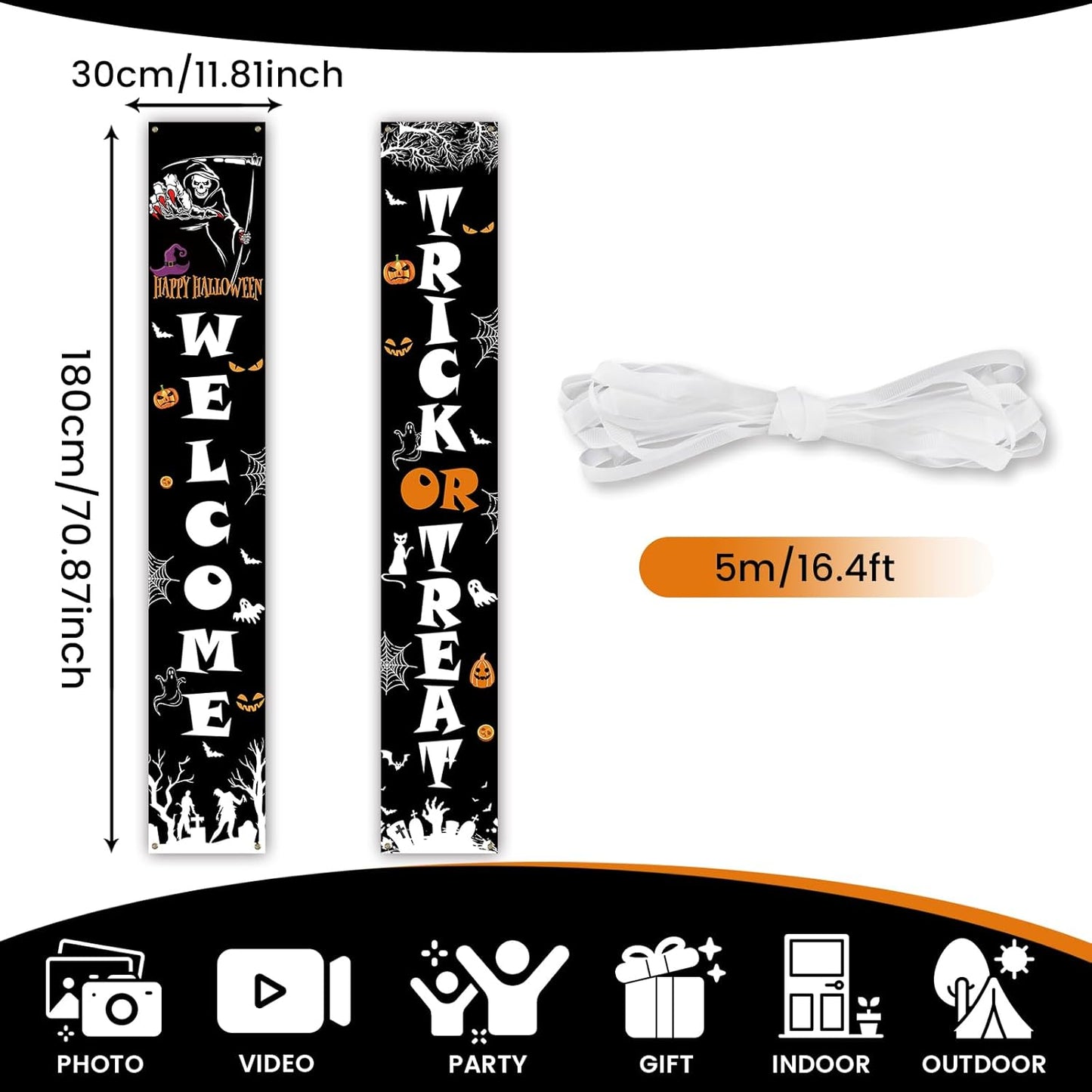PartyYaa Halloween Banner Decorations, Long Halloween Banner Party Photo Booth, Pumpkin & Ghost Garden Fence Ornament for Indoor Outdoor