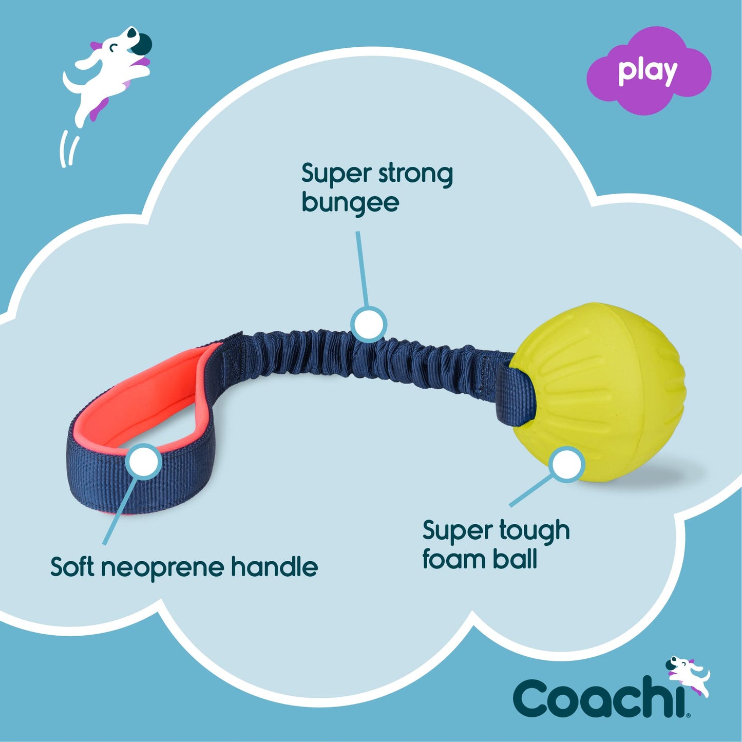 Coachi Tuggi Ball - Interactive Dog Toy for Tug of War & Play. Strong & Comfortable, Stretchy Bungee Handle, Reward Training, Interrupting Biting & Chewing. Ideal for Agility and Suitable for Puppies