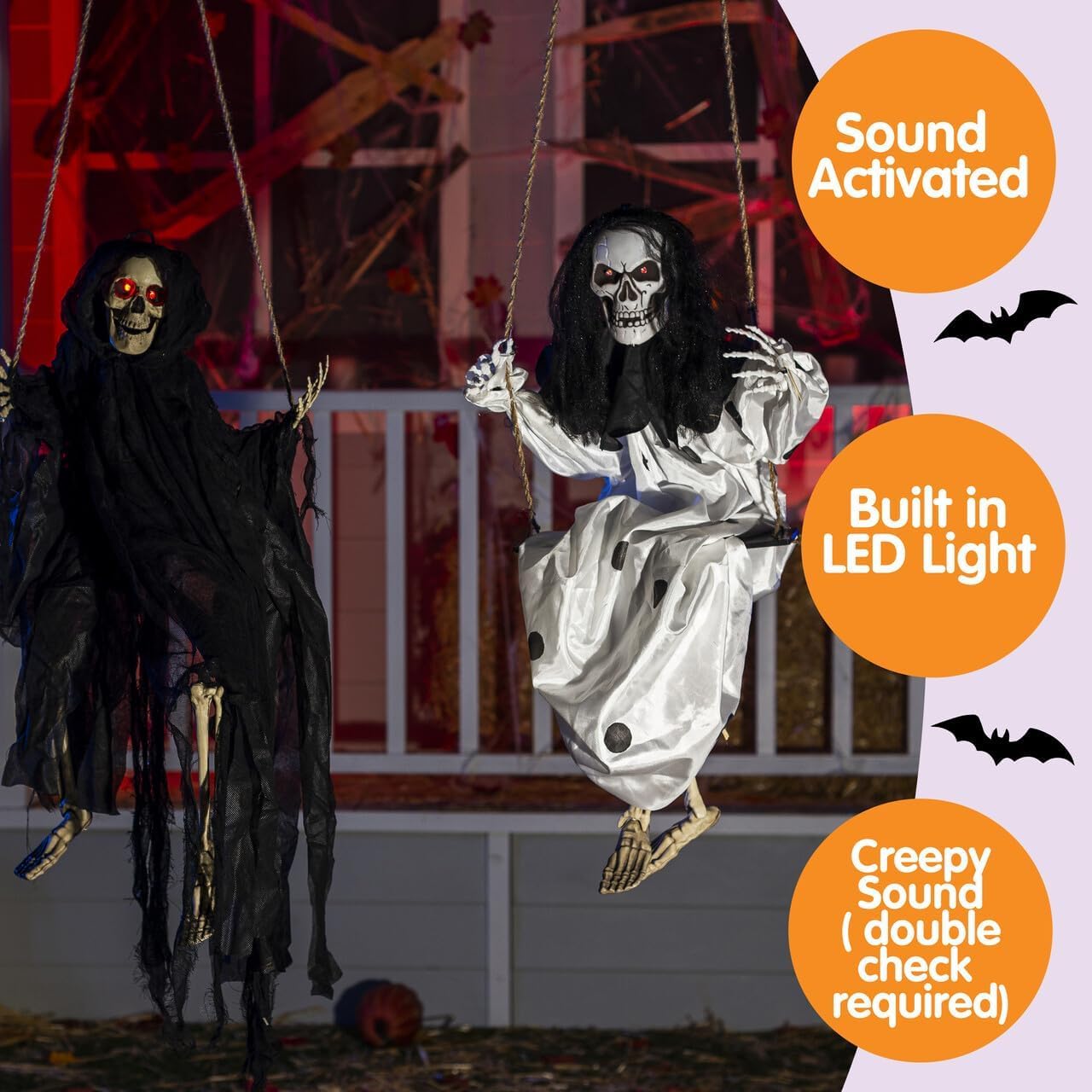 JOYIN 2 Packs Light Up Halloween Hanging Ghosts with Lighted Eyes, 3ft Swinging Skeleton Ghosts Outdoor Decoration, Black White Flying Ghosts for Yard Patio Lawn Garden Party Décor