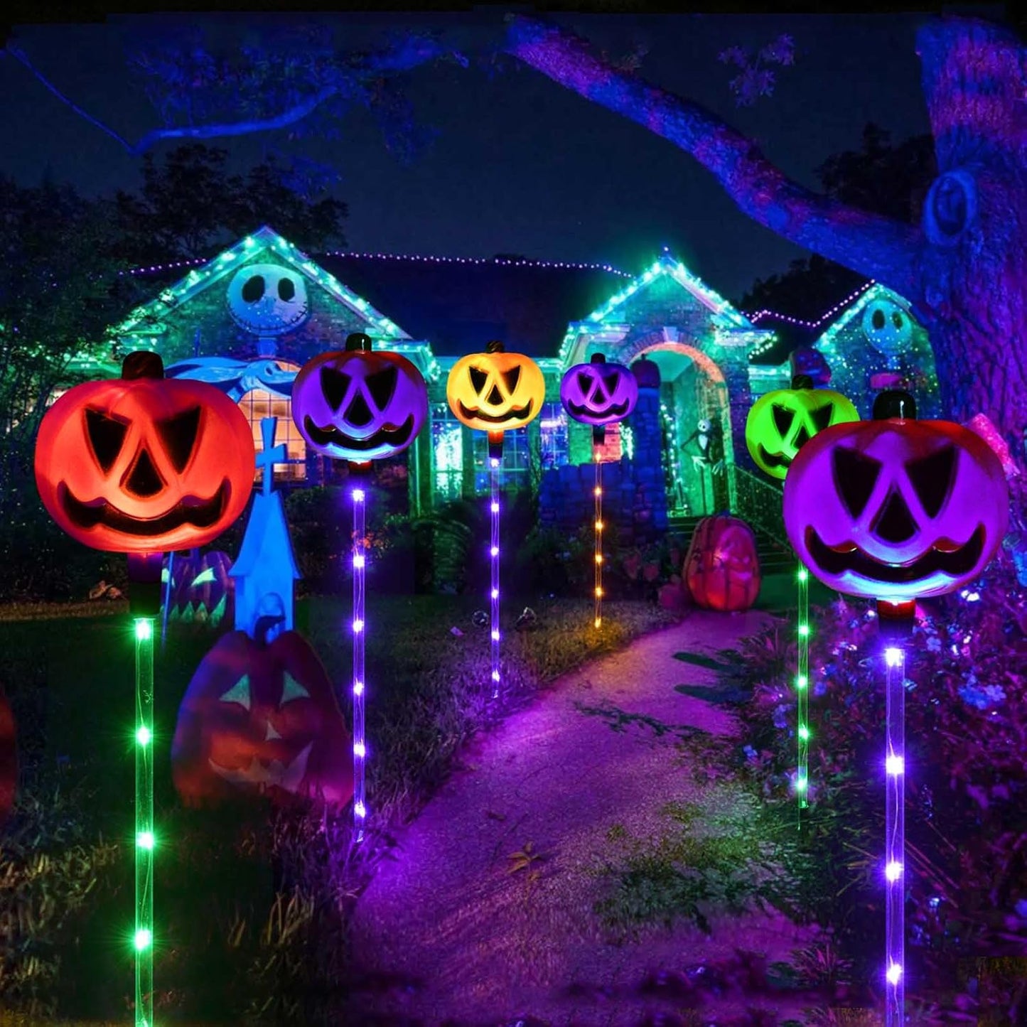 Homeleo Set of 6 Solar Pumpkin Stake Lights for Halloween Decorations Outdoor, Colour Changing Lights, Light up Decorations, Pathway Party Porch Yard Decor