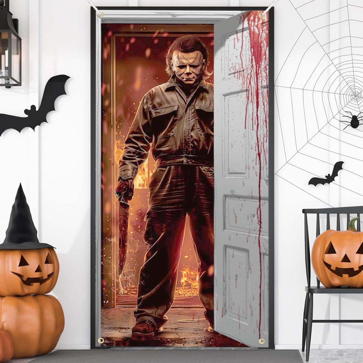 Halloween Banner Decorations - Classic Movie Character Door Cover for Horror Birthday Party, Scary Photo Background Banner