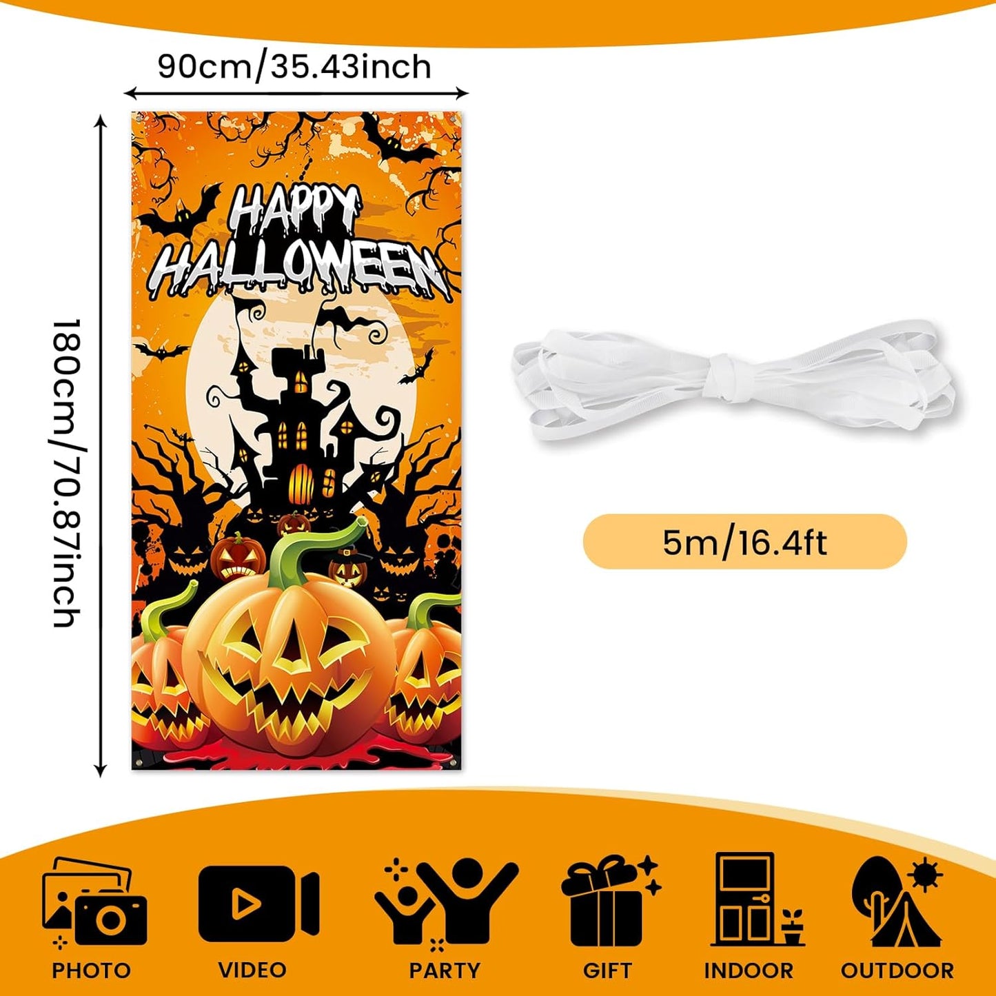 PartyYaa Halloween Banner Decorations, Long Halloween Banner Party Photo Booth, Pumpkin & Ghost Garden Fence Ornament for Indoor Outdoor