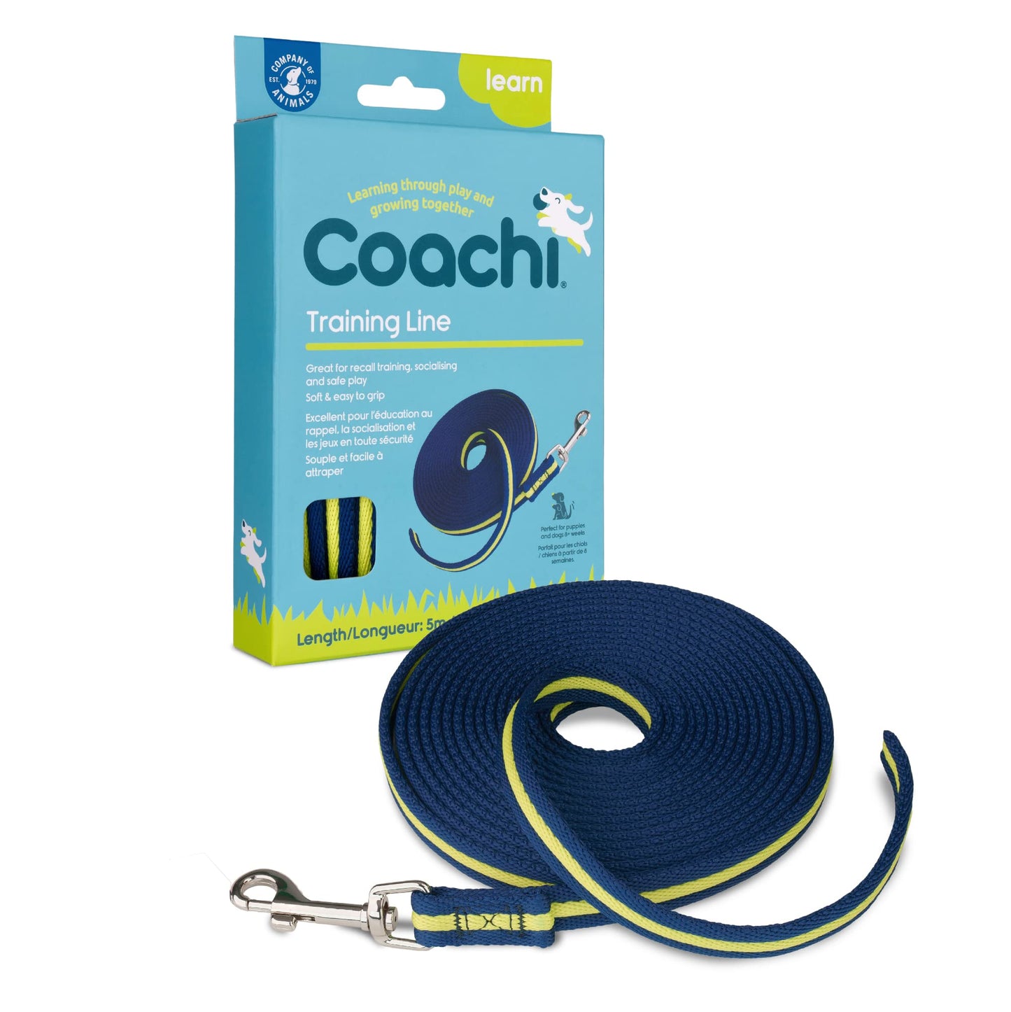 Coachi Training Line 5m, Safe Training Outdoors, Recall Training, Dog & Puppy Socialization, Lightweight, Soft to Hold, Suitable for Small & Medium Dogs & Puppies, Navy and Lime