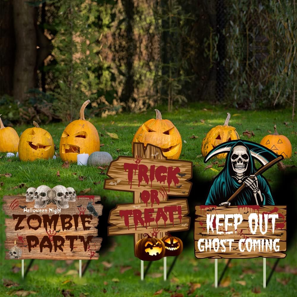 Halloween Decorations Outdoor Scary Halloween Garden Decorations 3 Pack Yard Signs Zombie Party Warning Sign Stakes for Outdoor Halloween Decor NMKL