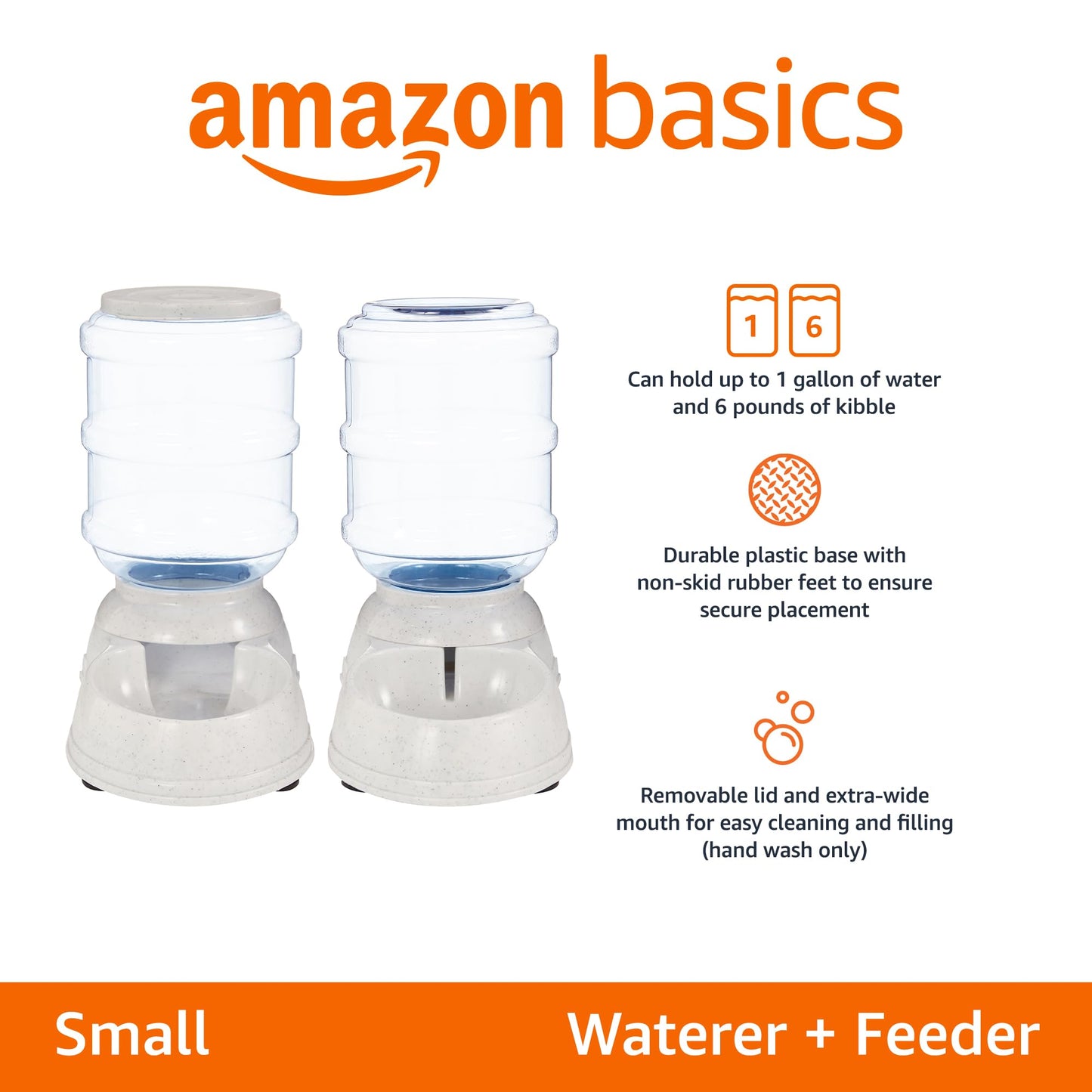 Basics Automatic Dog & Cat Water Dispenser + Gravity Feeder Set – 6lb Food / 1 Gallon Water, Gray (Pack of 2)