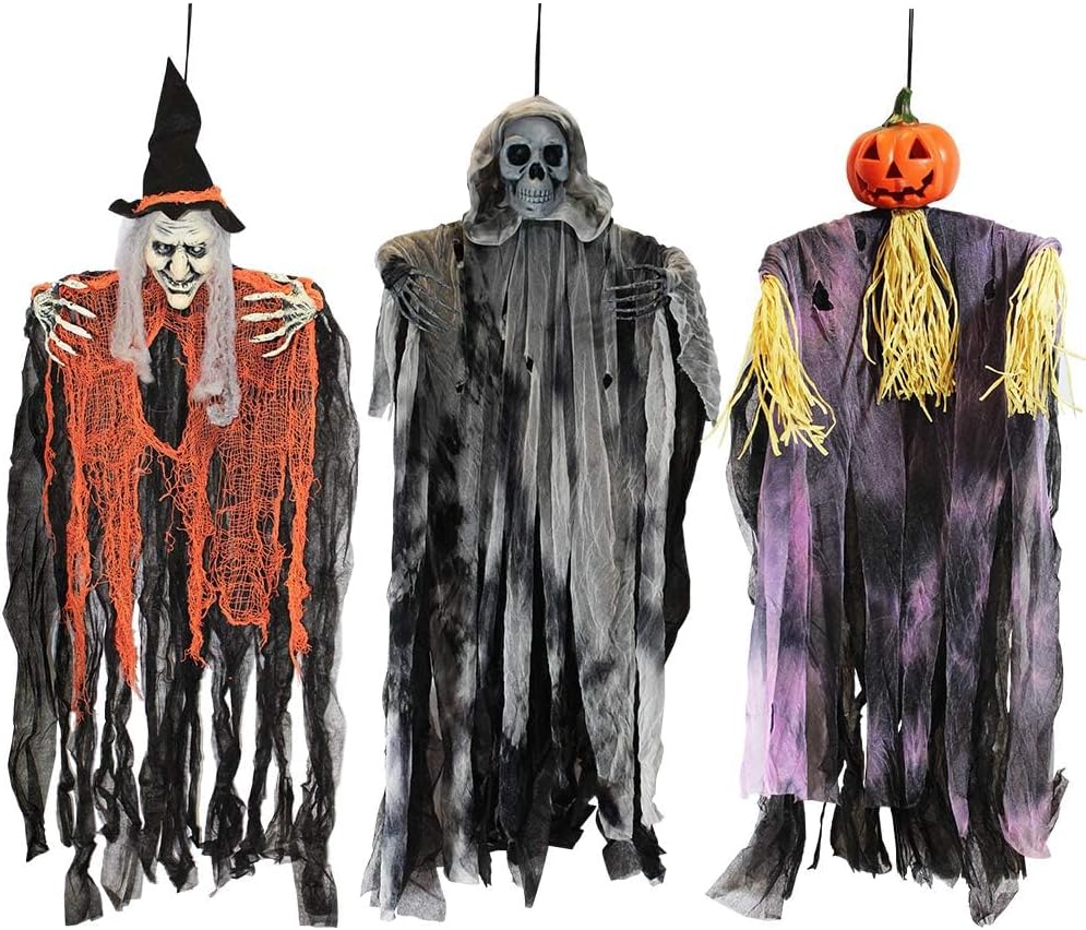 JOYIN 35" Hanging Ghost Halloween Decorations - Grim Reaper, Witch for Outdoor Decor (3 Pack)