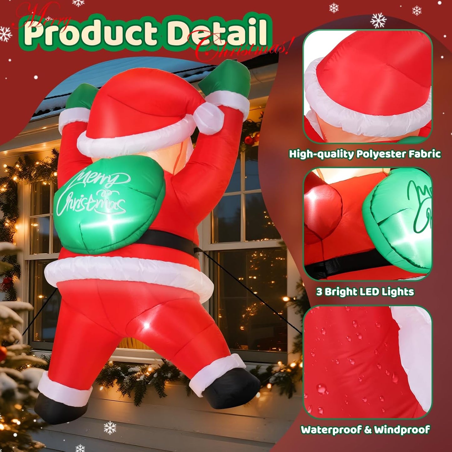 Christmas Inflatable Decorations Climbing Santa Claus Inflatable, Built-in Bright LEDs, Hanging Blow up Window Yard Decoration, Outdoor Christmas Decoration for Roof Window Wall
