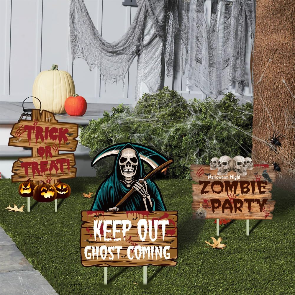 Halloween Decorations Outdoor Scary Halloween Garden Decorations 3 Pack Yard Signs Zombie Party Warning Sign Stakes for Outdoor Halloween Decor NMKL