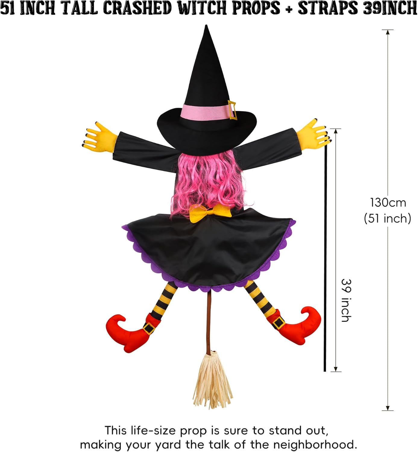 POPGIFTU 160cm Crashing Witch Halloween Decoration – Flying Witch Into Tree Hanging Prop for Garden, Front Porch, Pillars, Front Door & Haunted House Décor