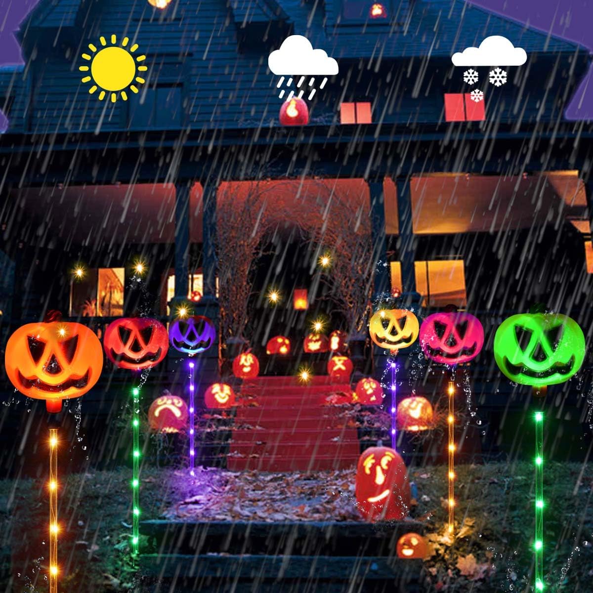 Homeleo Set of 6 Solar Pumpkin Stake Lights for Halloween Decorations Outdoor, Colour Changing Lights, Light up Decorations, Pathway Party Porch Yard Decor