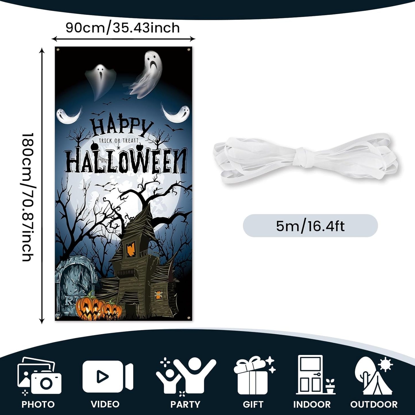 PartyYaa Halloween Banner Decorations, Long Halloween Banner Party Photo Booth, Pumpkin & Ghost Garden Fence Ornament for Indoor Outdoor
