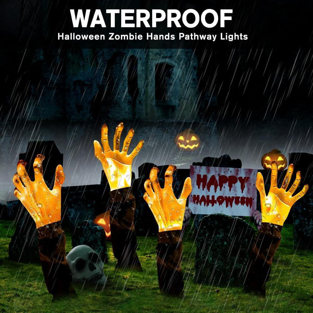 JOLCEEY 4pcs Halloween Zombie Arm Stakes, Halloween Zombie Hands Lights Yard Ground-Breaker Stakes for Halloween Outdoor Yard Garden Decorations