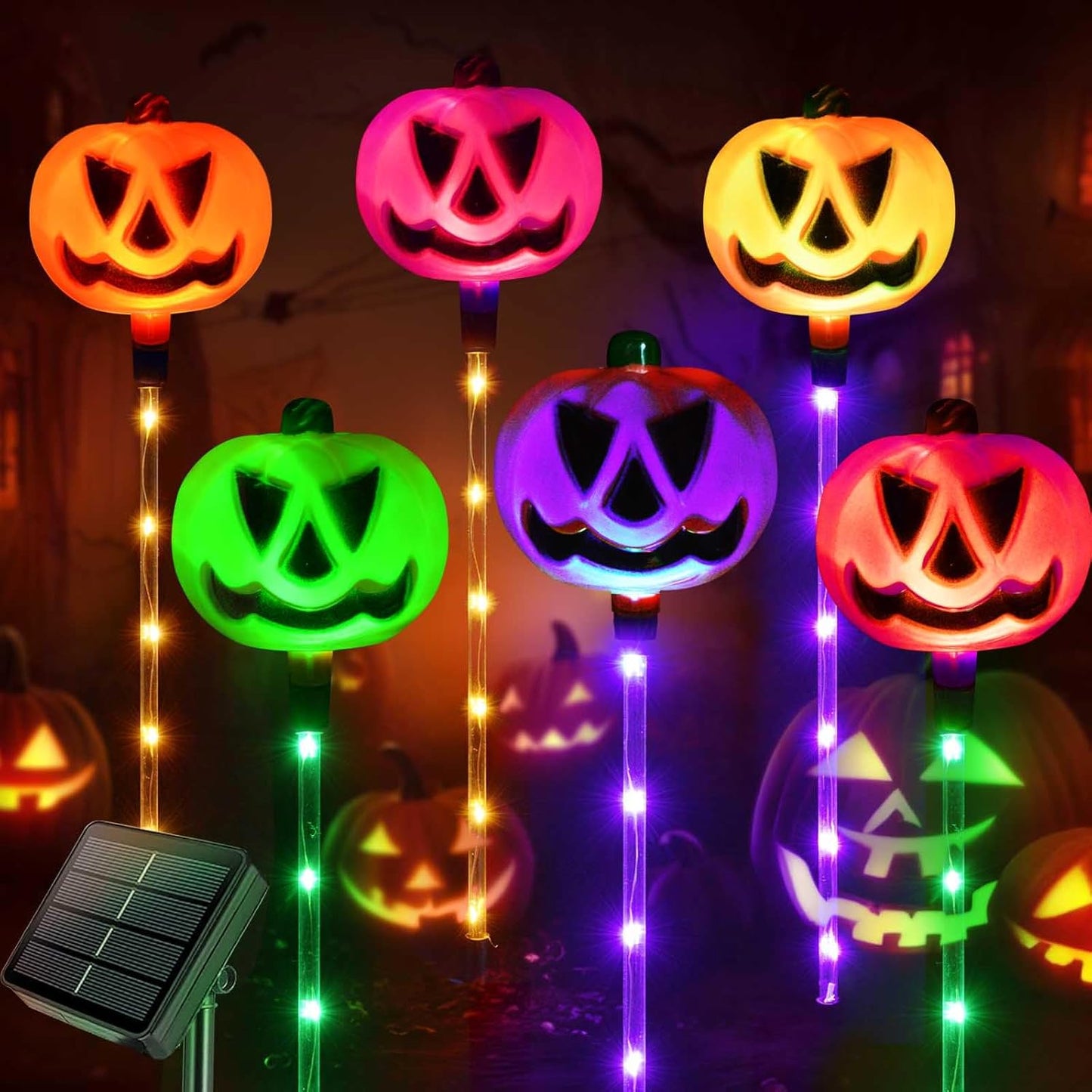 Homeleo Set of 6 Solar Pumpkin Stake Lights for Halloween Decorations Outdoor, Colour Changing Lights, Light up Decorations, Pathway Party Porch Yard Decor
