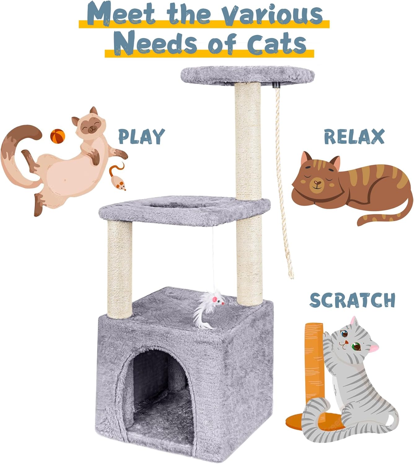 Cat Scratching Post, 90cm Cat Tree for Indoor Cats Multi-Level Stable Cat Tower for Climbing Playing and Relaxation