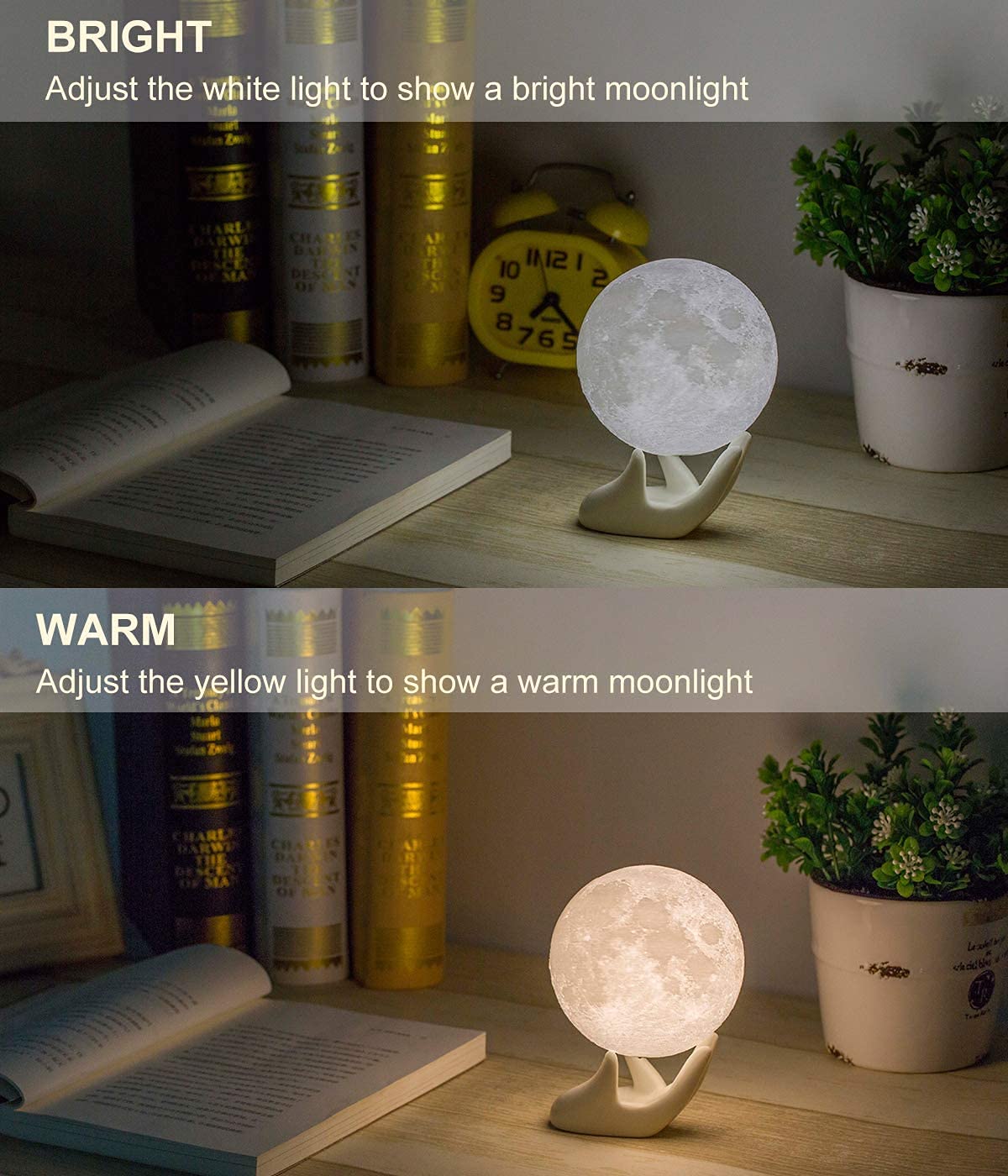 Methun 3D Moon Lamp 9 cm (3.5 inch) — Two-Colour Touch-Dim Bedside & Table Lamp, Overnight Cordless Glow, Ceramic Hand Base, Authentic Lunar Texture — Calming Night Light & Premium Gift