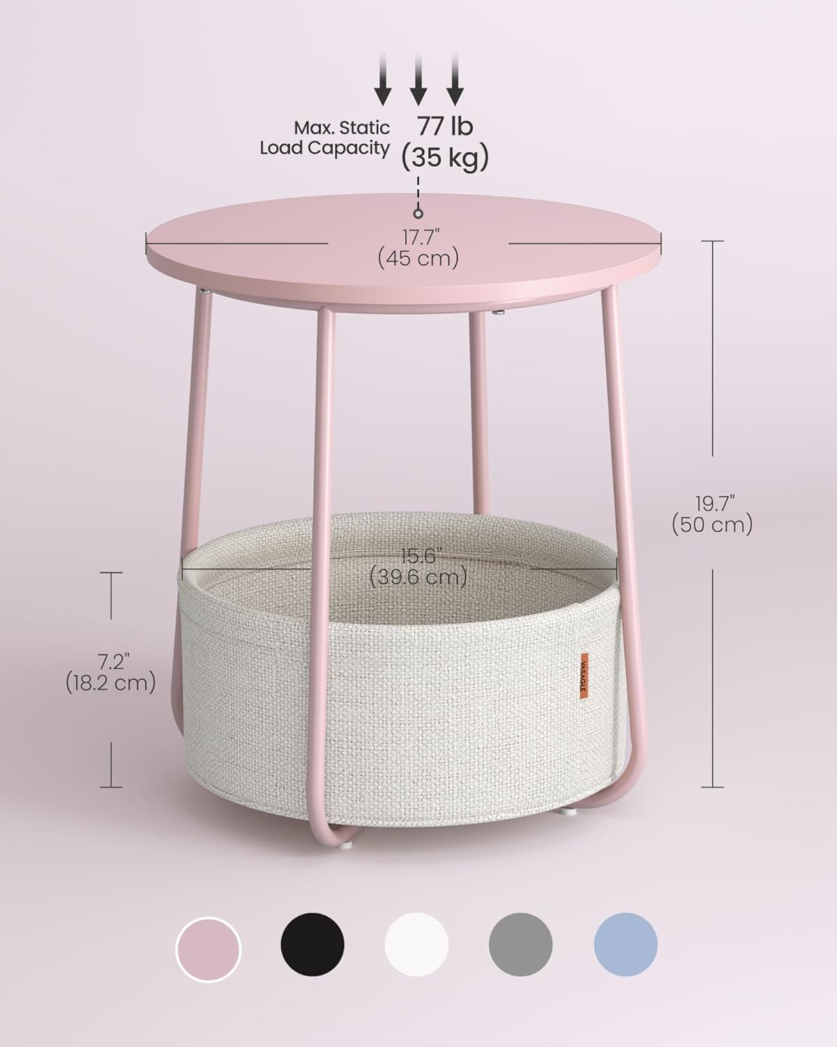 VASAGLE Side Table, Round End Table with Fabric Basket, Spacious, for Living Room Bedroom, Bedside Table, Modern Style, White and Beige LET223W10