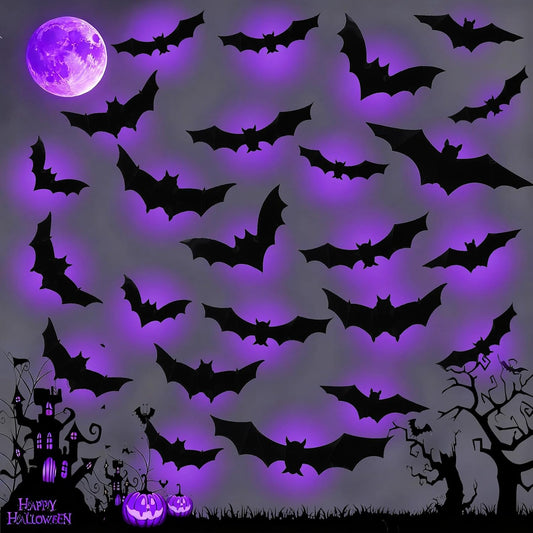 24PCS LED Halloween Bats Decorations, 3D Luminous Wall Stickers Bat Decorations with LED Lights PVC Bats Halloween Wall Decor for Indoor Window Door Wall DIY Party Supplies (Purple)