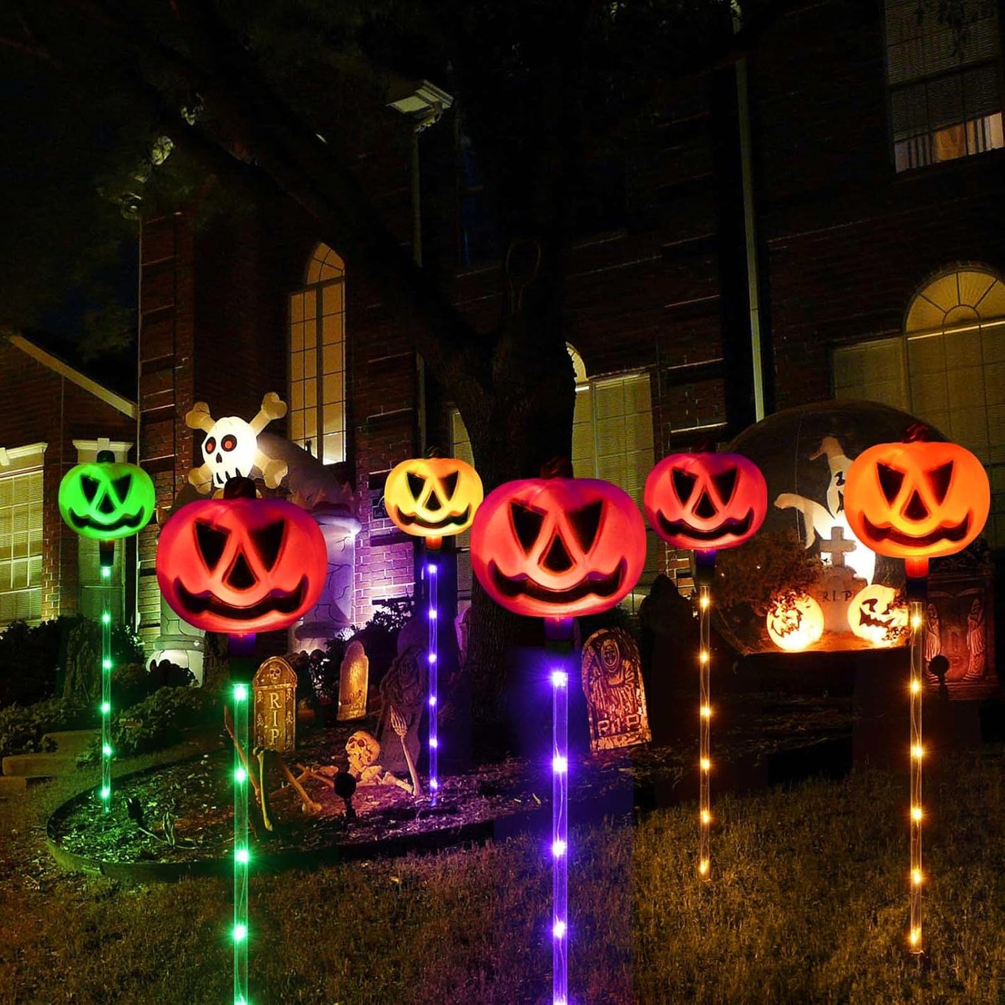 Homeleo Set of 6 Solar Pumpkin Stake Lights for Halloween Decorations Outdoor, Colour Changing Lights, Light up Decorations, Pathway Party Porch Yard Decor