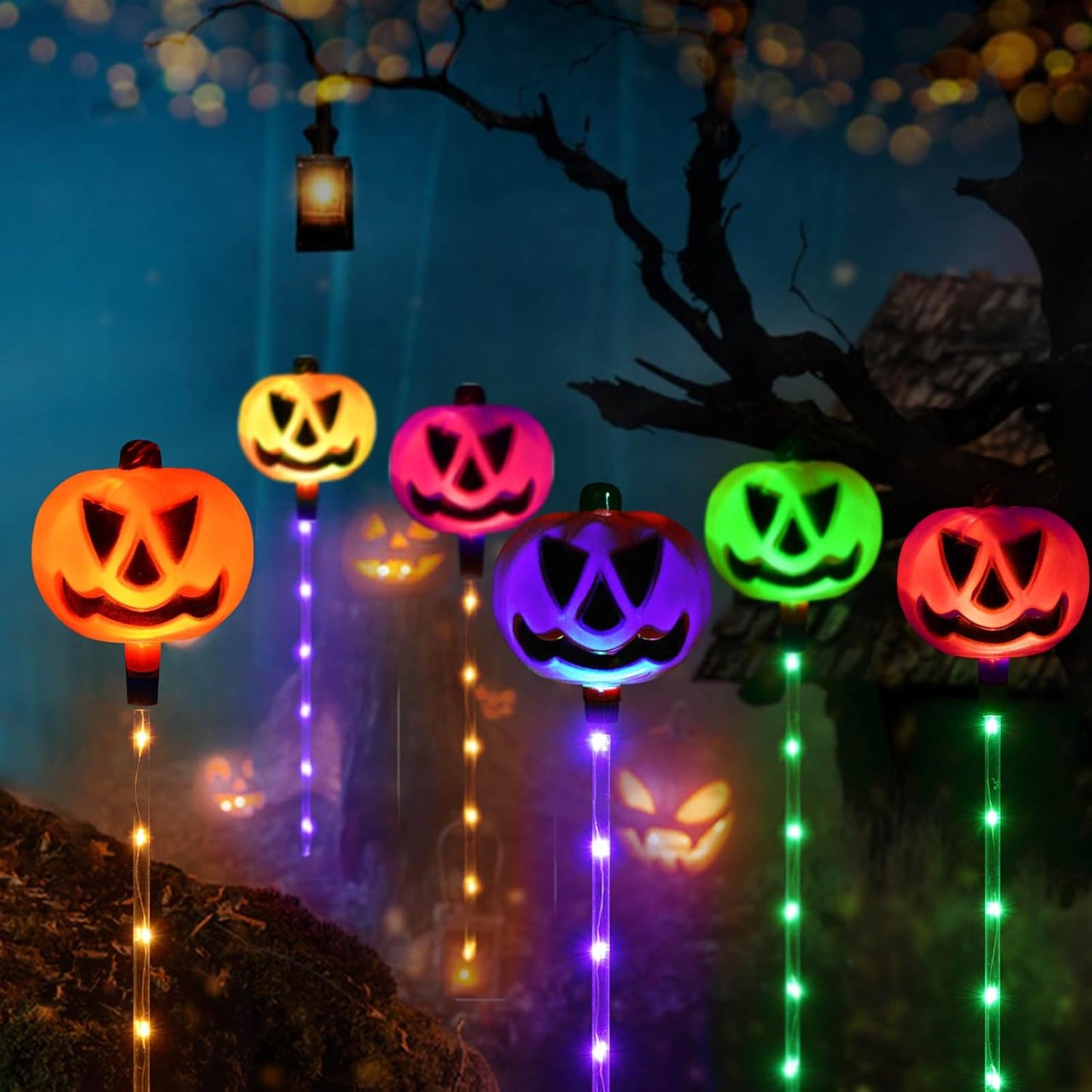 Homeleo Set of 6 Solar Pumpkin Stake Lights for Halloween Decorations Outdoor, Colour Changing Lights, Light up Decorations, Pathway Party Porch Yard Decor