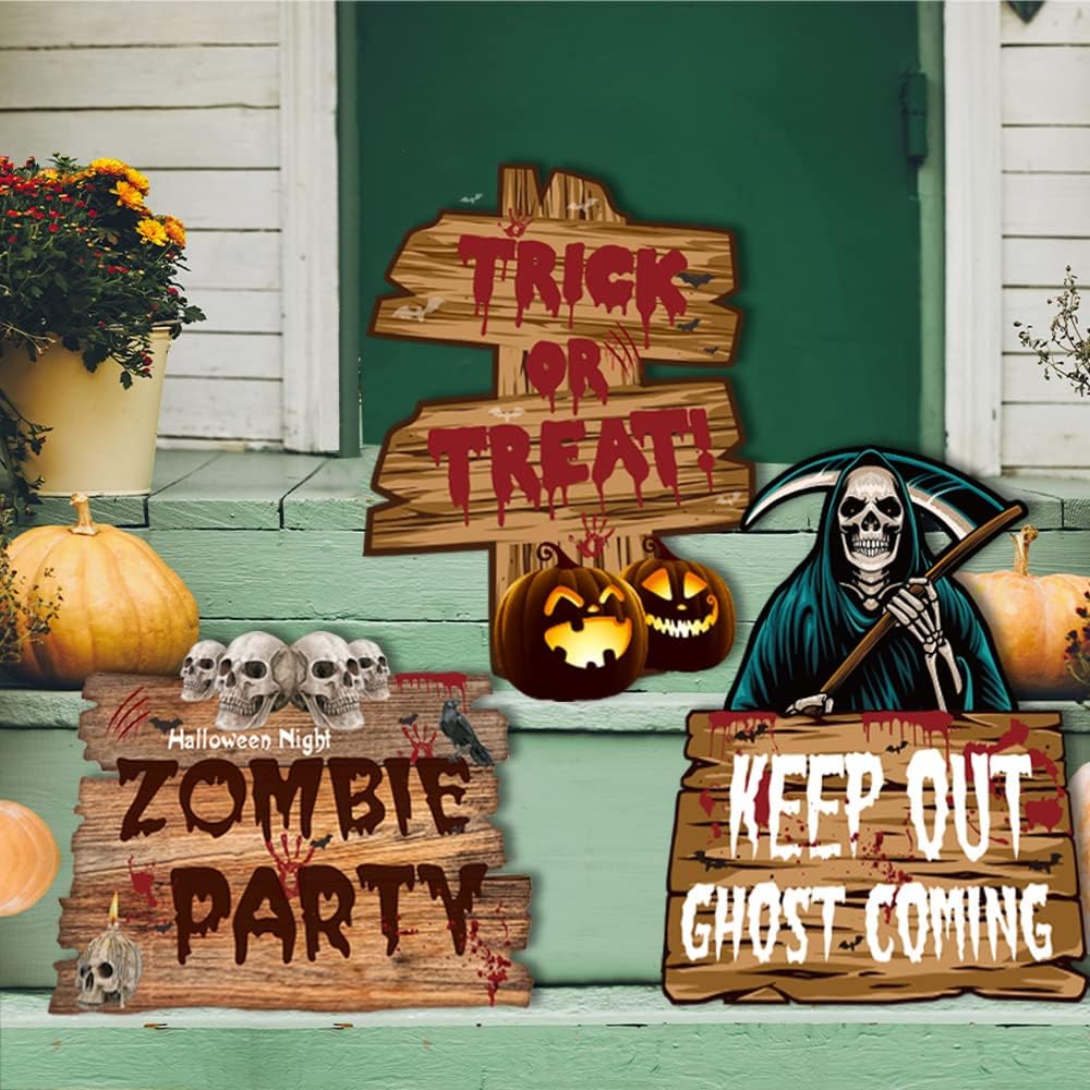 Halloween Decorations Outdoor Scary Halloween Garden Decorations 3 Pack Yard Signs Zombie Party Warning Sign Stakes for Outdoor Halloween Decor NMKL