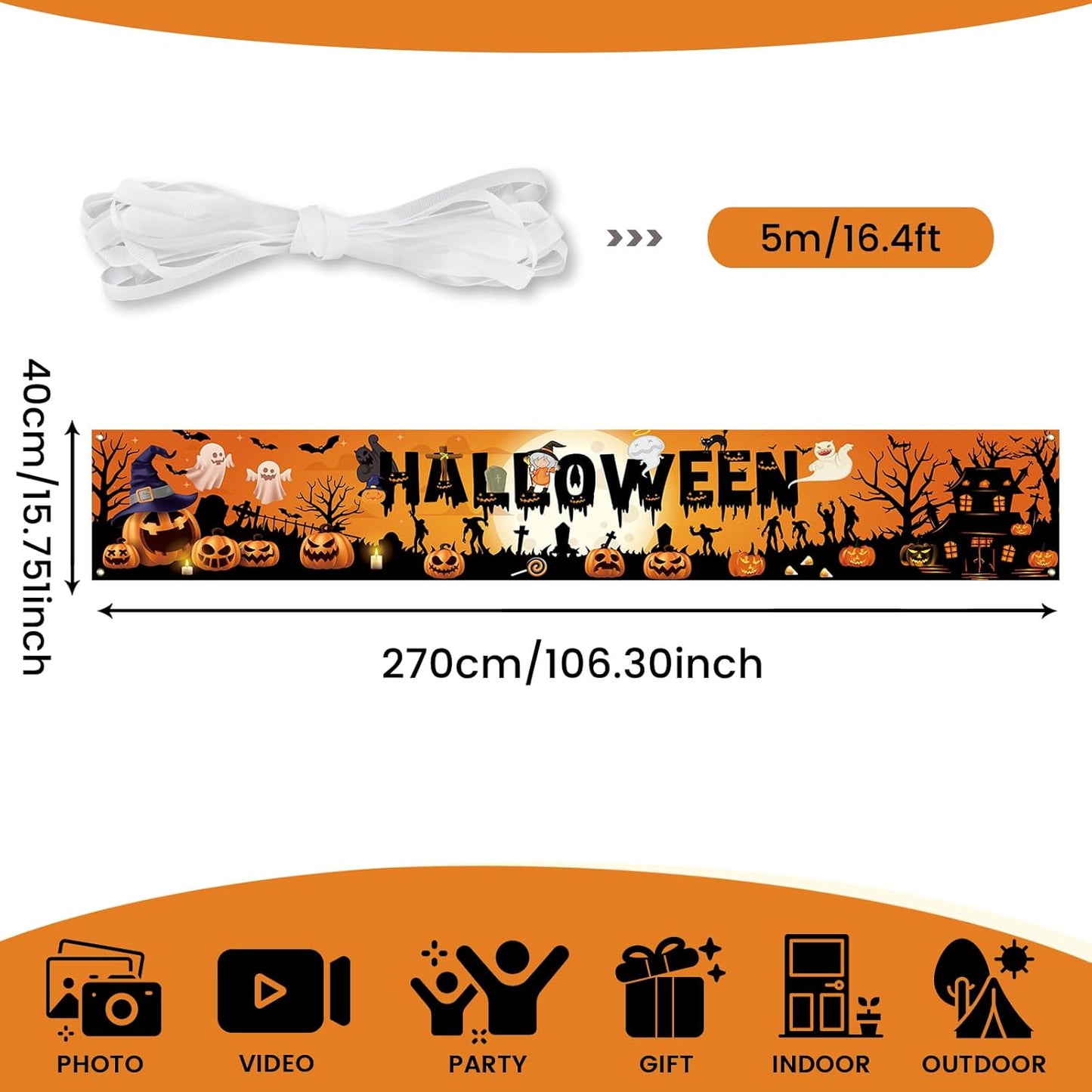 PartyYaa Halloween Banner Decorations, Long Halloween Banner Party Photo Booth, Pumpkin & Ghost Garden Fence Ornament for Indoor Outdoor