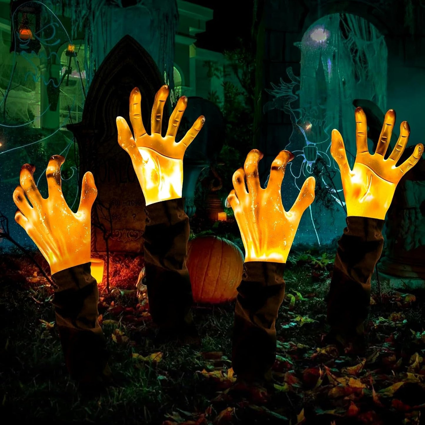 JOLCEEY 4pcs Halloween Zombie Arm Stakes, Halloween Zombie Hands Lights Yard Ground-Breaker Stakes for Halloween Outdoor Yard Garden Decorations