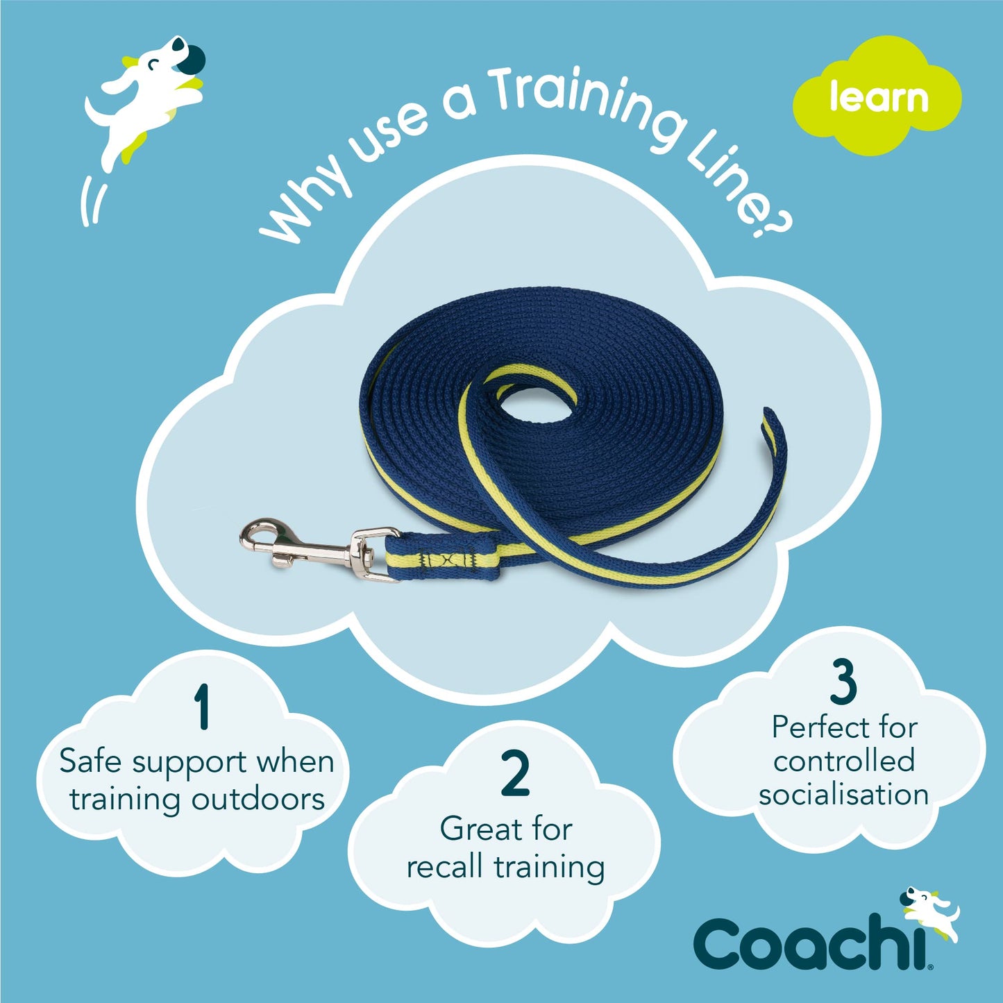 Coachi Training Line 5m, Safe Training Outdoors, Recall Training, Dog & Puppy Socialization, Lightweight, Soft to Hold, Suitable for Small & Medium Dogs & Puppies, Navy and Lime