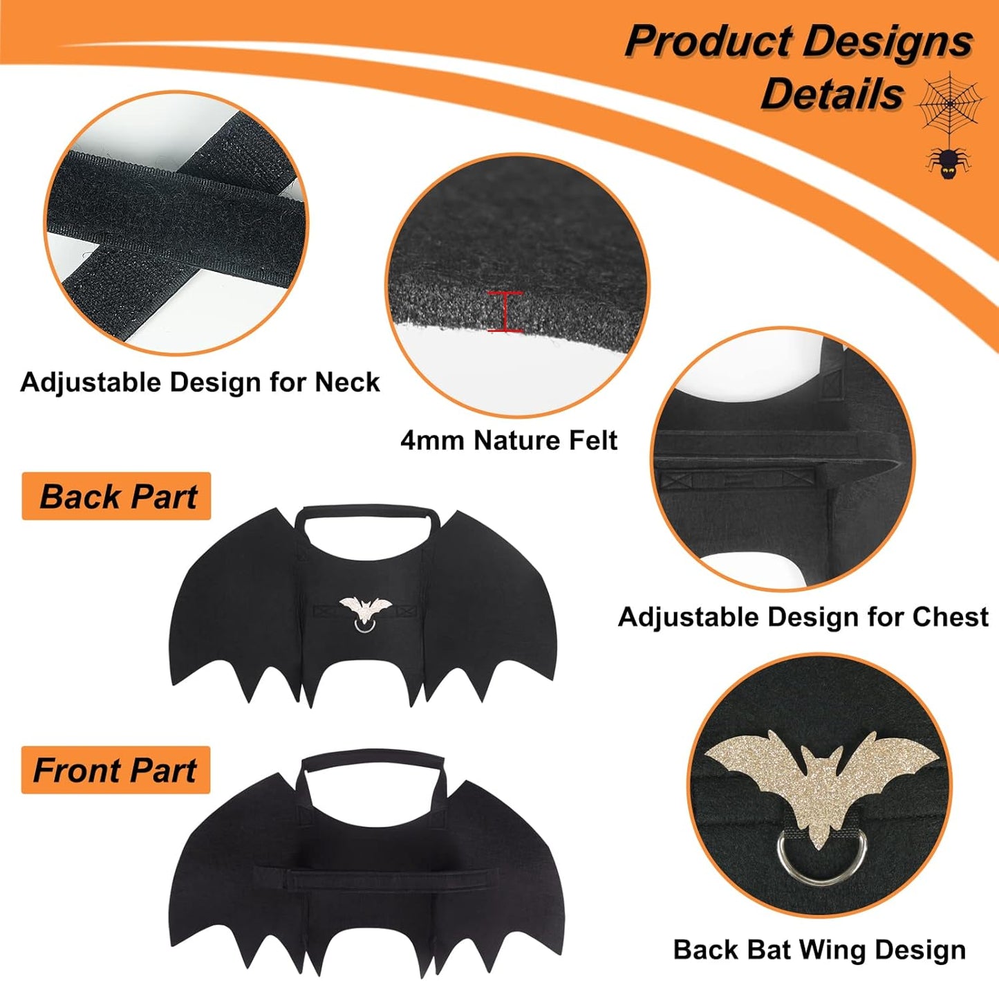Vivifying Cat Bat Wings, Cat Halloween Costume with Pumpkin Bell, Adjustable Pet Cosplay Costumes for Pet(Neck: 9.4-12.6 in/Chest: 12.9-19.7 in