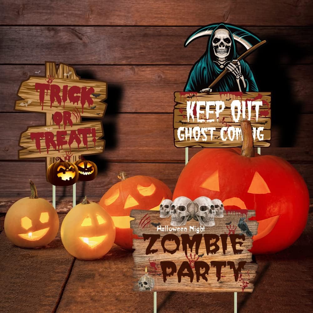 Halloween Decorations Outdoor Scary Halloween Garden Decorations 3 Pack Yard Signs Zombie Party Warning Sign Stakes for Outdoor Halloween Decor NMKL