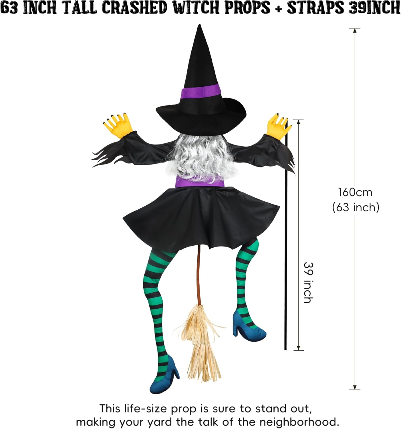 POPGIFTU 160cm Crashing Witch Halloween Decoration – Flying Witch Into Tree Hanging Prop for Garden, Front Porch, Pillars, Front Door & Haunted House Décor