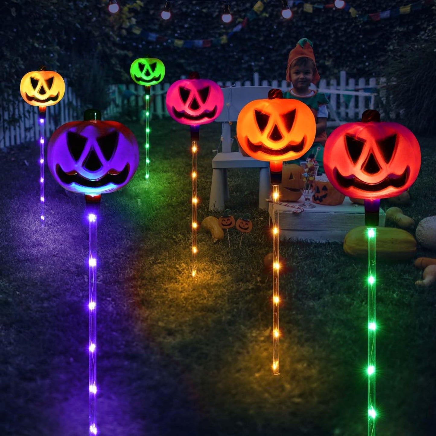 Homeleo Set of 6 Solar Pumpkin Stake Lights for Halloween Decorations Outdoor, Colour Changing Lights, Light up Decorations, Pathway Party Porch Yard Decor