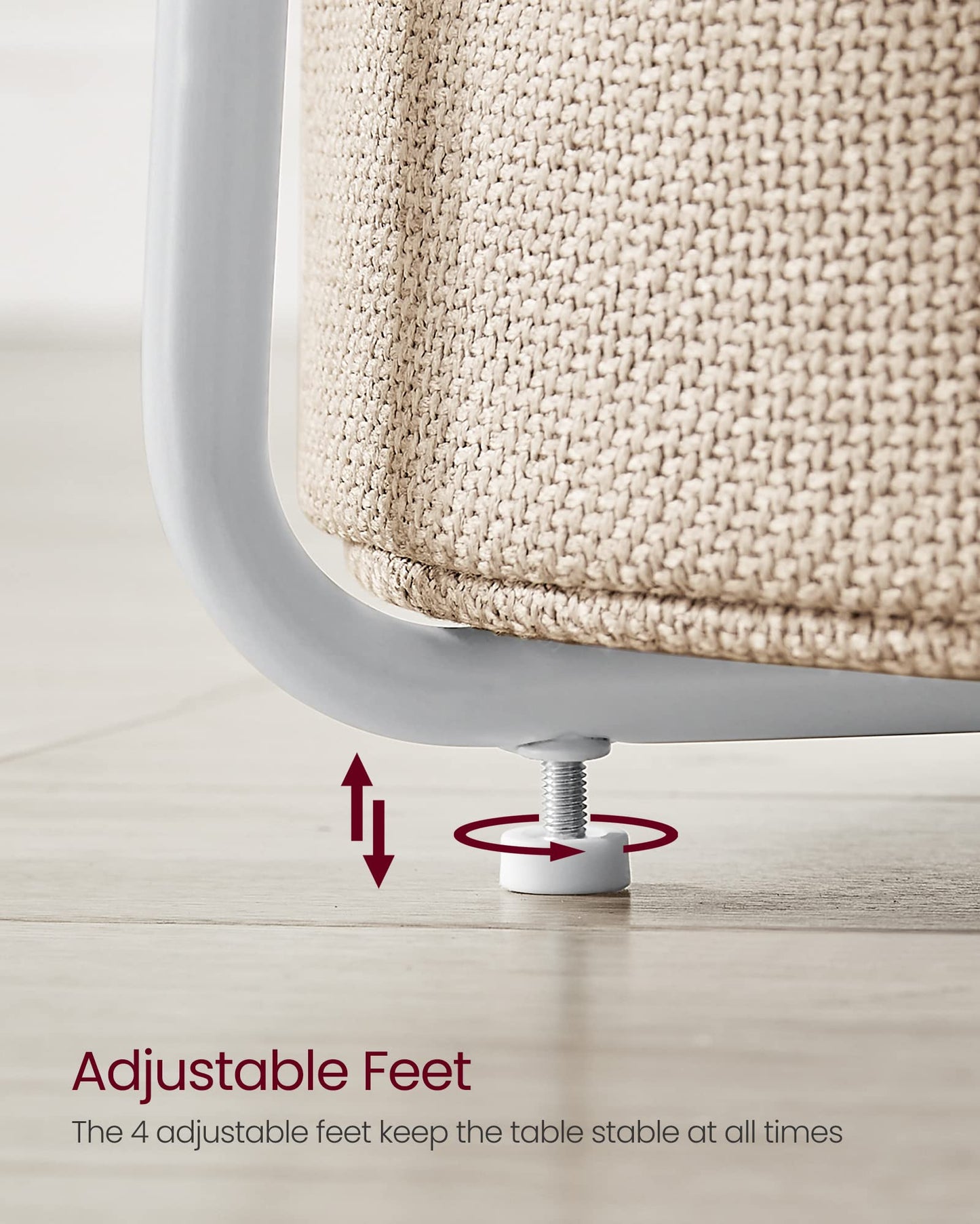 VASAGLE Side Table, Round End Table with Fabric Basket, Spacious, for Living Room Bedroom, Bedside Table, Modern Style, White and Beige LET223W10