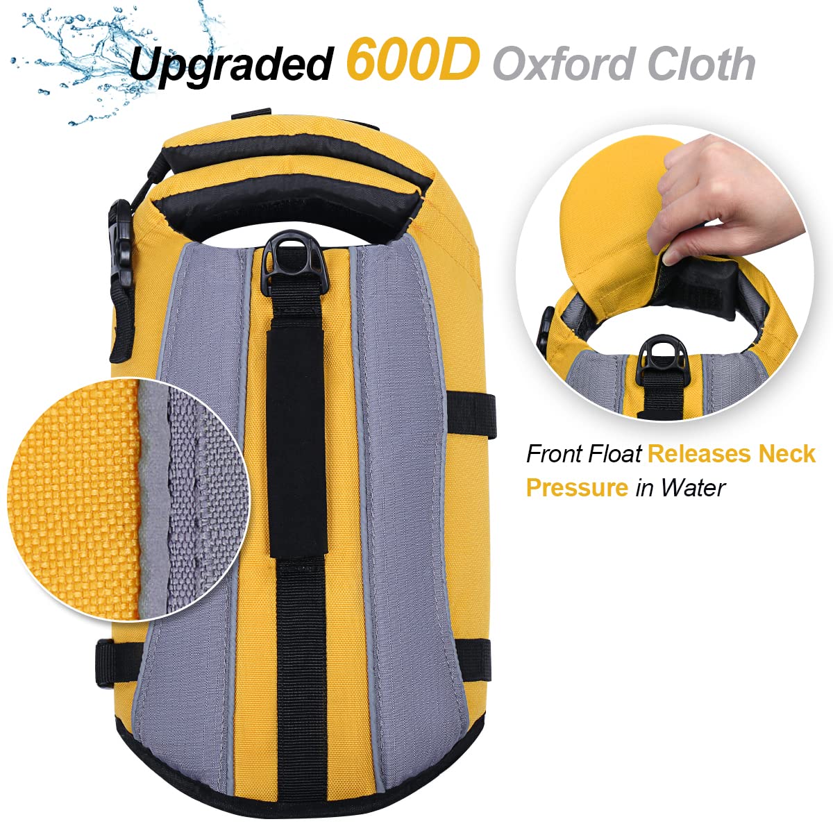 VIVAGLORY Front Float Dog Life Vest, Dog Life Jacket for Swimming & Boating, Swimming Vest with Chin Float & Handle, Ripstop & Buoyancy for Puppy Doggy, XS, Yellow