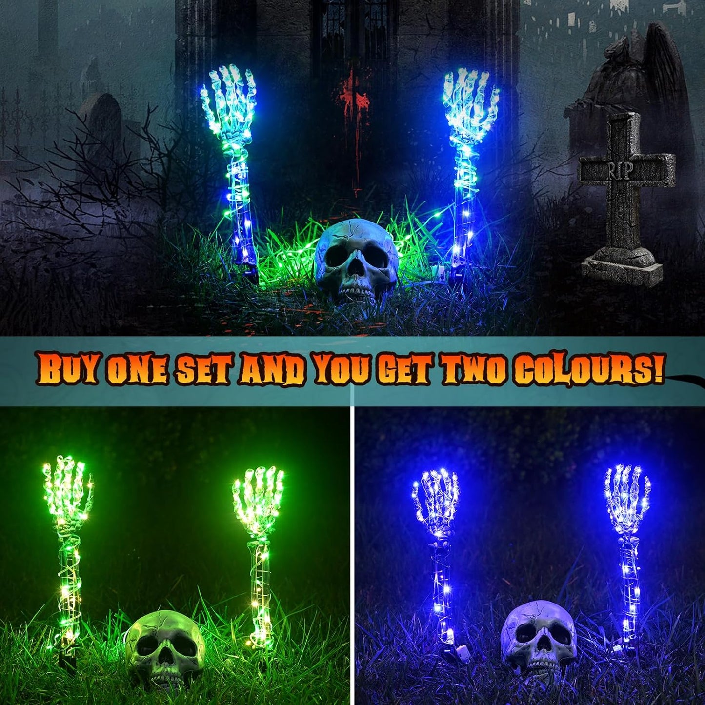Maxee Halloween Lighted Skeleton Set, Skull Arms Stakes with 2 Blue 3 m LED Lights & 2 Green 3 m LED Lights (3 Modes), Realistic Halloween Decoration for Outdoor Garden Yard Graveyard