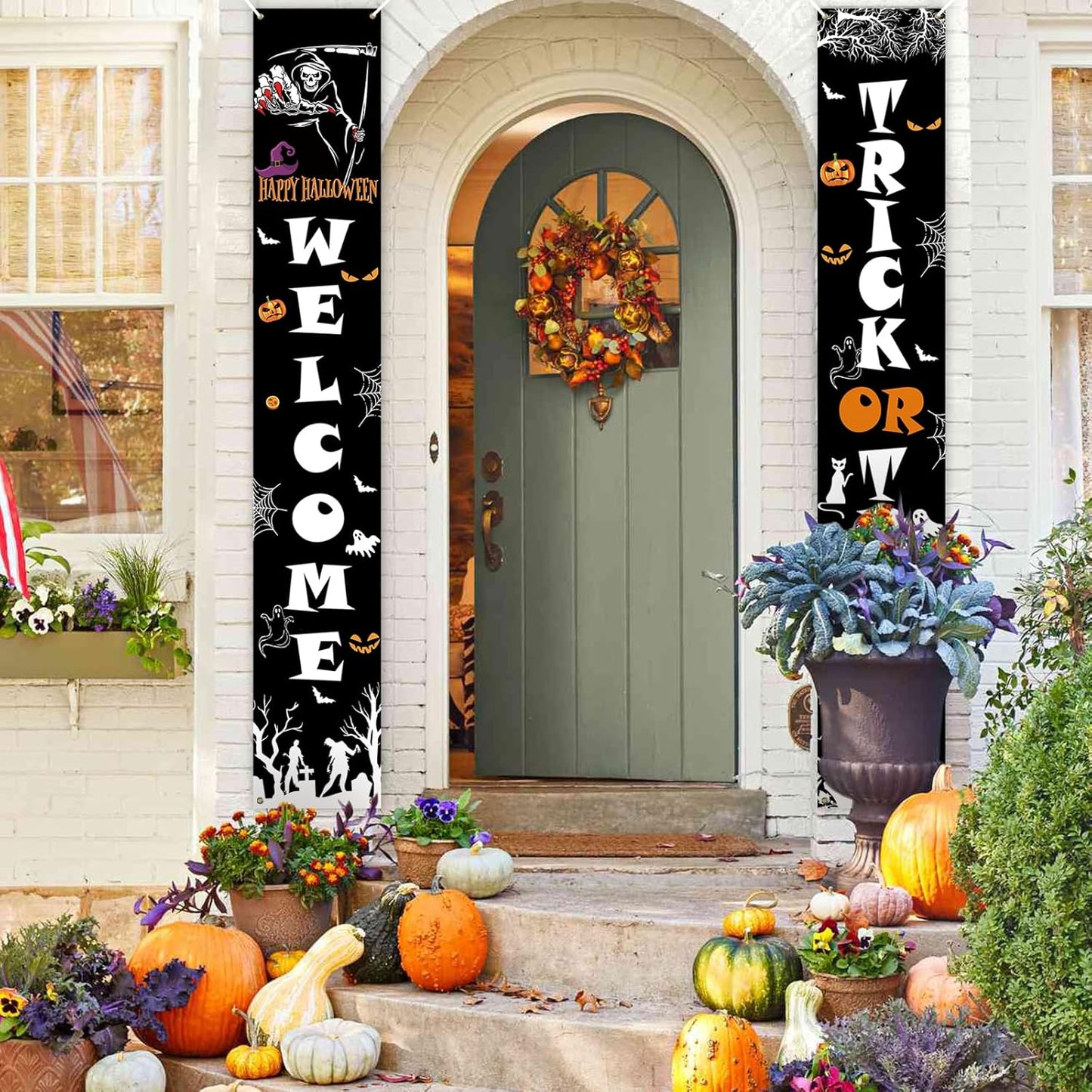 PartyYaa Halloween Banner Decorations, Long Halloween Banner Party Photo Booth, Pumpkin & Ghost Garden Fence Ornament for Indoor Outdoor