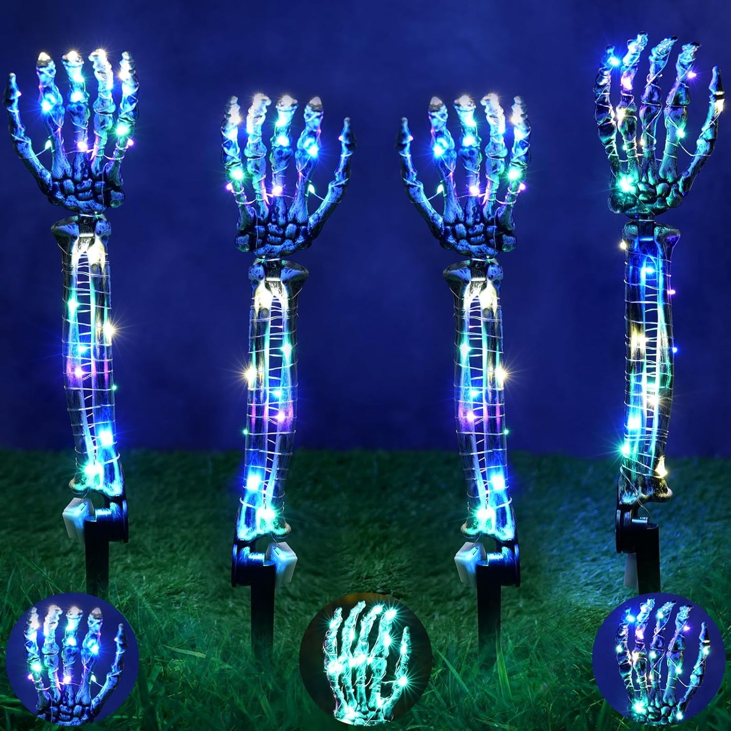 Maxee Halloween Lighted Skeleton Set, Skull Arms Stakes with 2 Blue 3 m LED Lights & 2 Green 3 m LED Lights (3 Modes), Realistic Halloween Decoration for Outdoor Garden Yard Graveyard