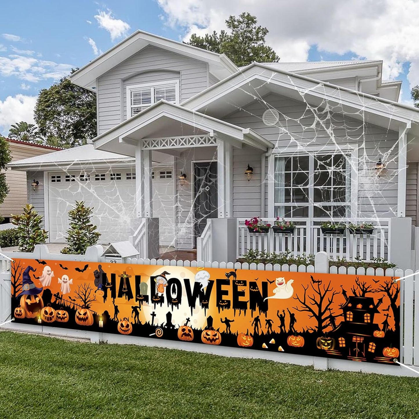 PartyYaa Halloween Banner Decorations, Long Halloween Banner Party Photo Booth, Pumpkin & Ghost Garden Fence Ornament for Indoor Outdoor