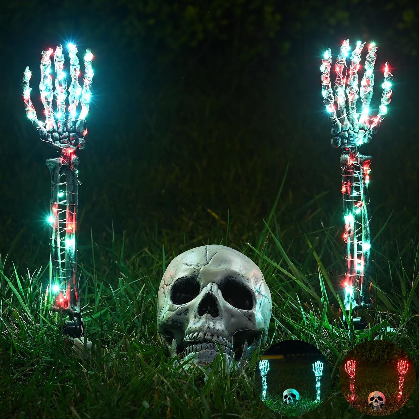 Maxee Halloween Lighted Skeleton Set, Skull Arms Stakes with 2 Blue 3 m LED Lights & 2 Green 3 m LED Lights (3 Modes), Realistic Halloween Decoration for Outdoor Garden Yard Graveyard