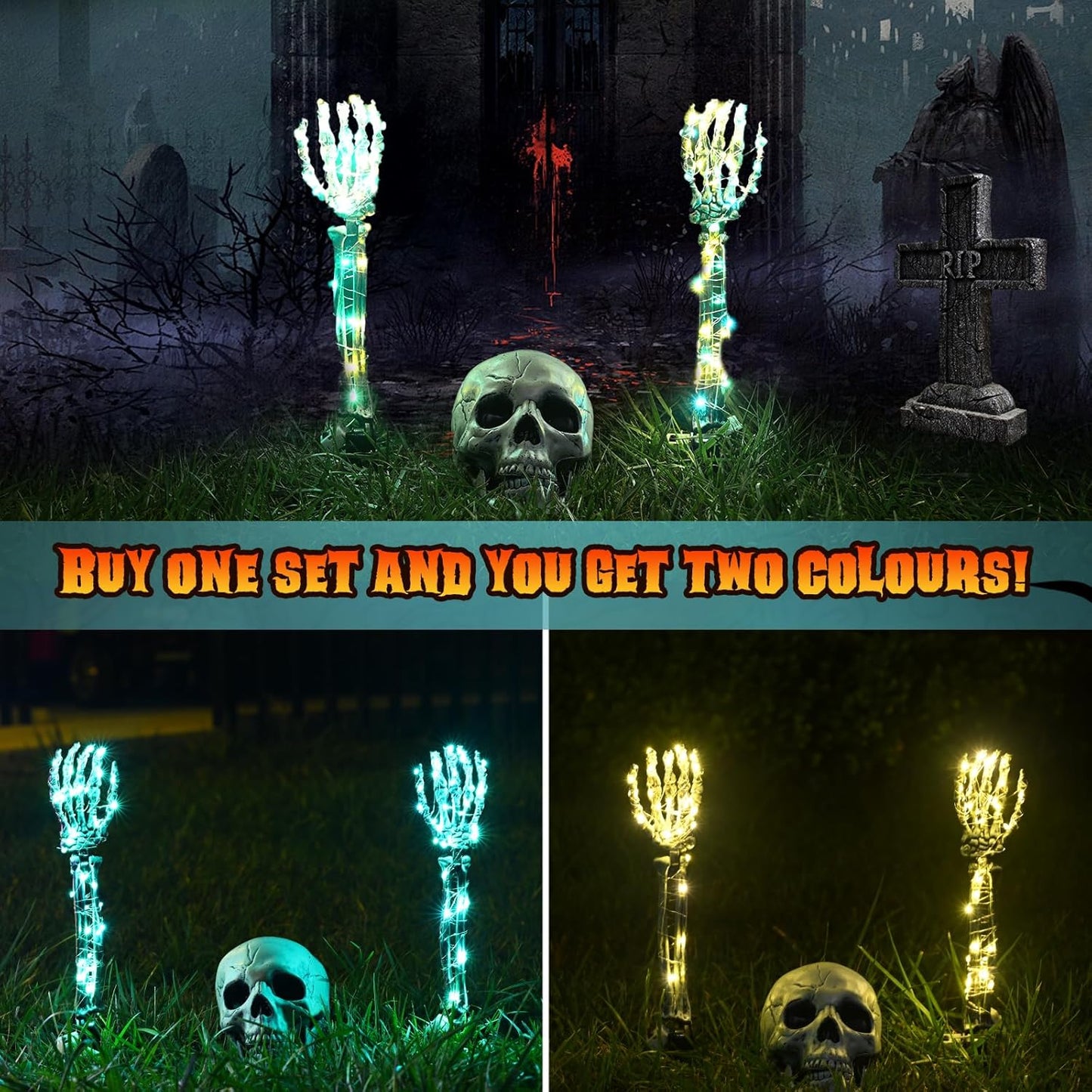 Maxee Halloween Lighted Skeleton Set, Skull Arms Stakes with 2 Blue 3 m LED Lights & 2 Green 3 m LED Lights (3 Modes), Realistic Halloween Decoration for Outdoor Garden Yard Graveyard