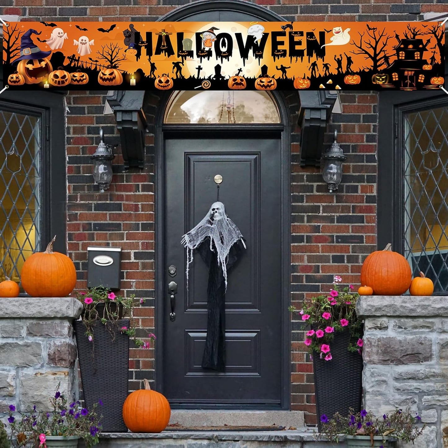 PartyYaa Halloween Banner Decorations, Long Halloween Banner Party Photo Booth, Pumpkin & Ghost Garden Fence Ornament for Indoor Outdoor