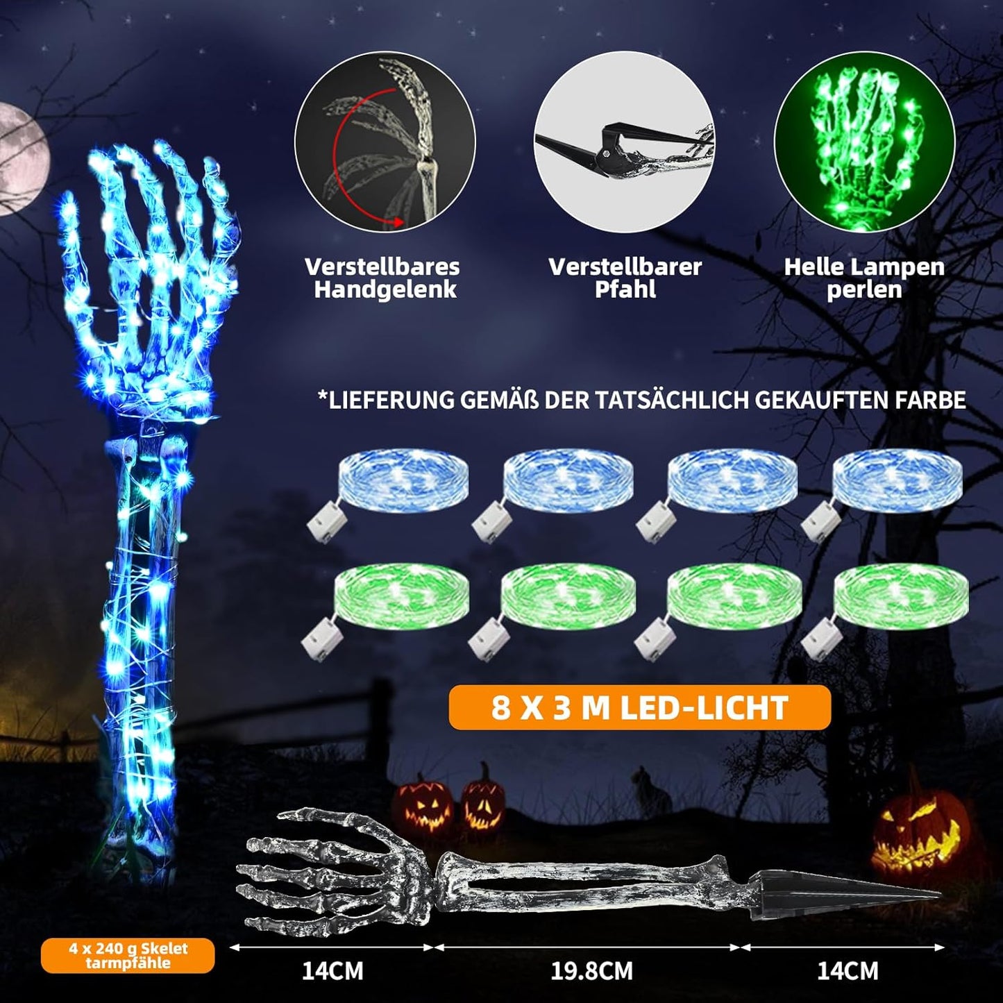 Maxee Halloween Lighted Skeleton Set, Skull Arms Stakes with 2 Blue 3 m LED Lights & 2 Green 3 m LED Lights (3 Modes), Realistic Halloween Decoration for Outdoor Garden Yard Graveyard