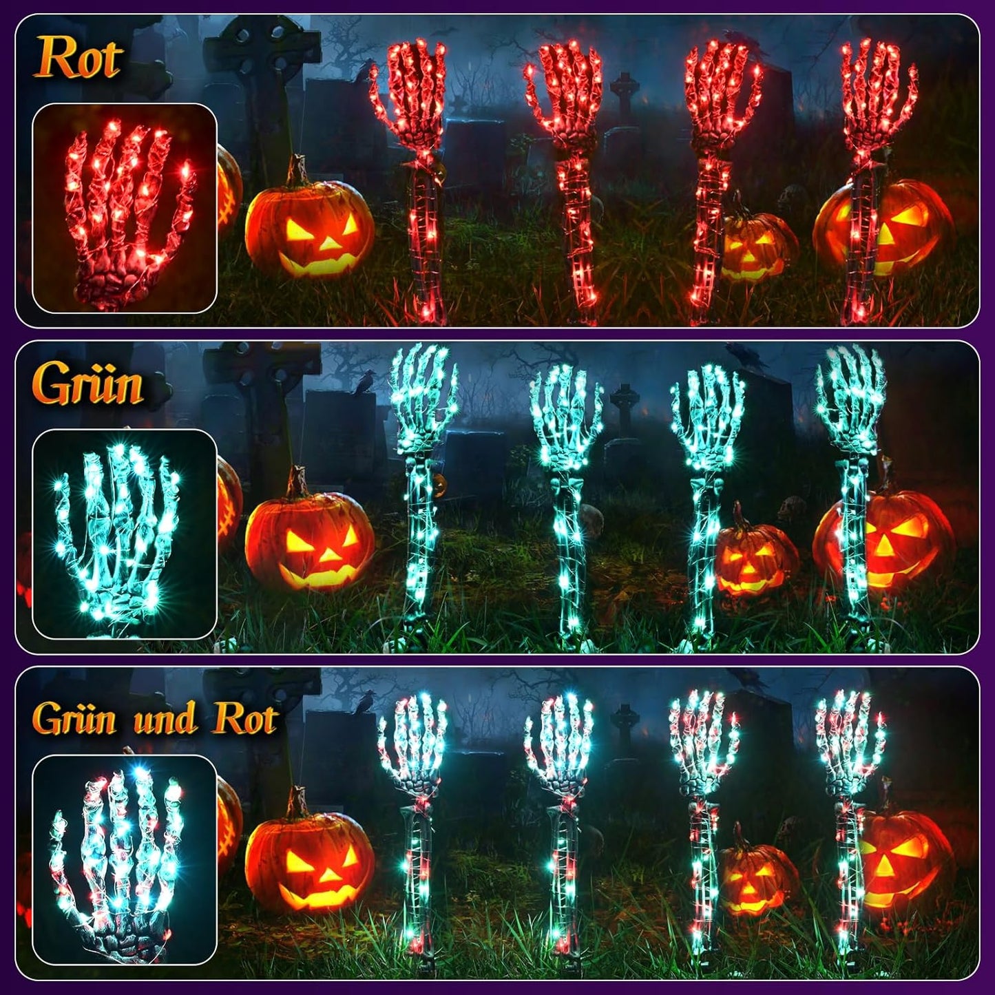 Maxee Halloween Lighted Skeleton Set, Skull Arms Stakes with 2 Blue 3 m LED Lights & 2 Green 3 m LED Lights (3 Modes), Realistic Halloween Decoration for Outdoor Garden Yard Graveyard